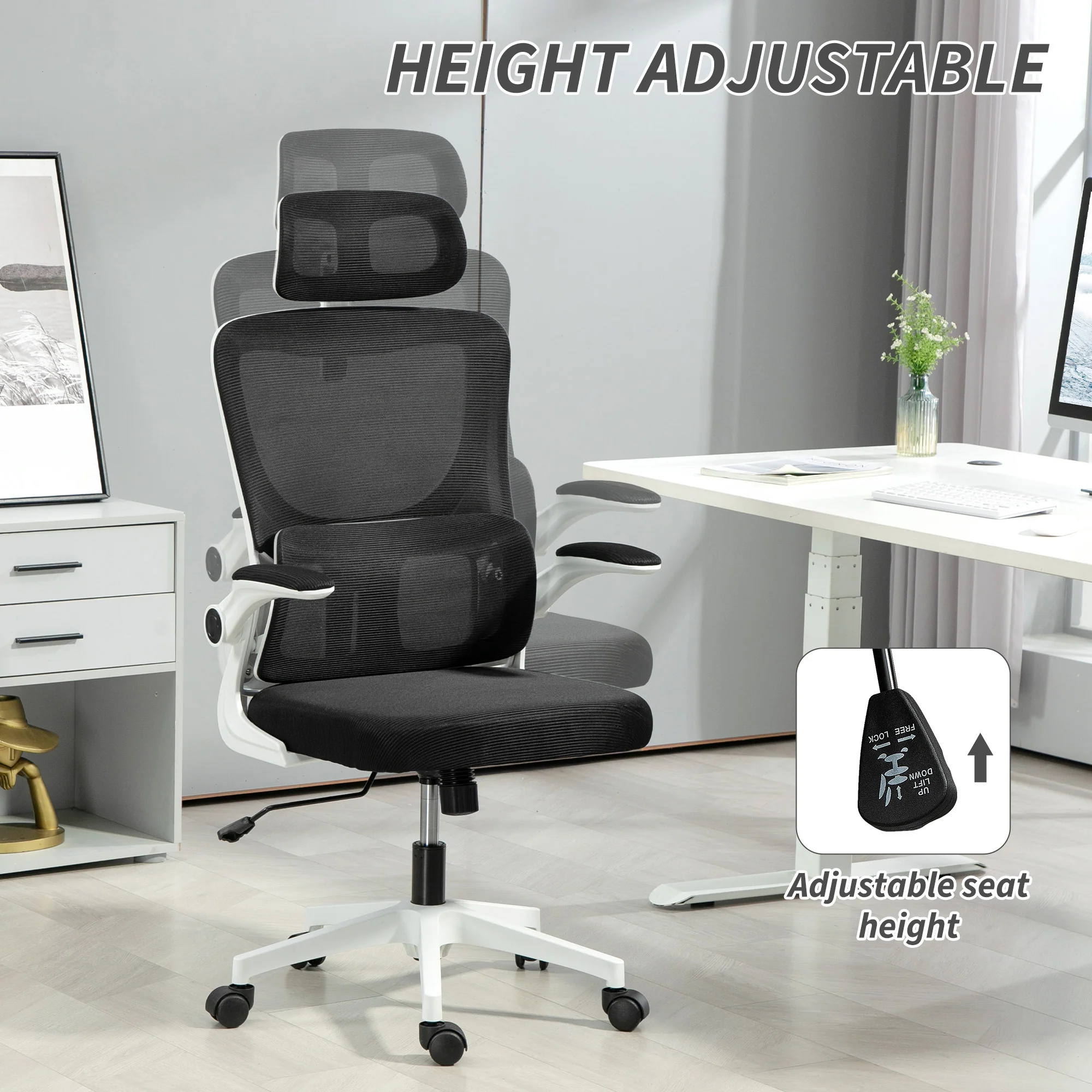 Vinsetto Mesh Office Chair With Adjustable Headrest, Lumbar Support, Black - Image 3