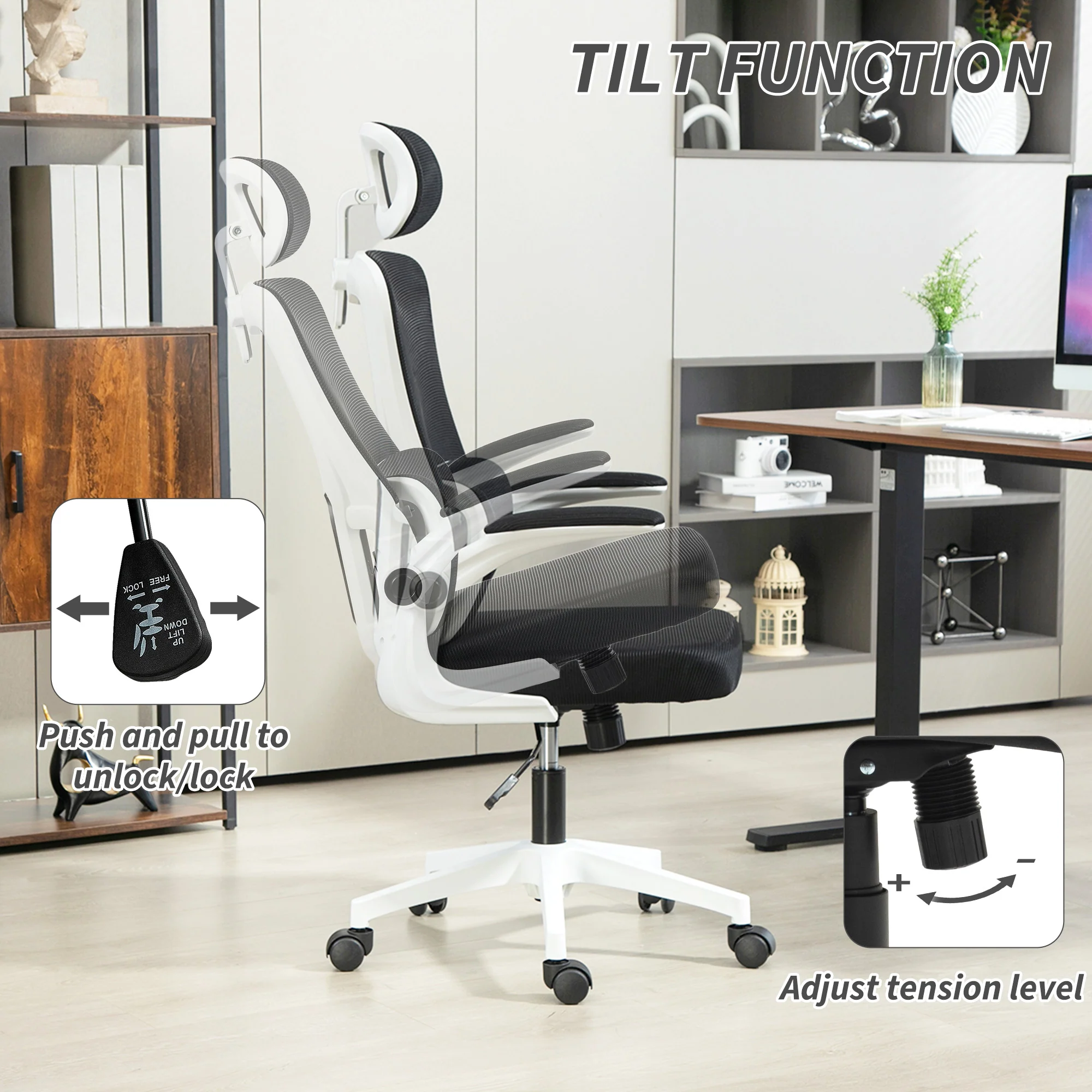 Vinsetto Mesh Office Chair With Adjustable Headrest, Lumbar Support, Black - Image 4