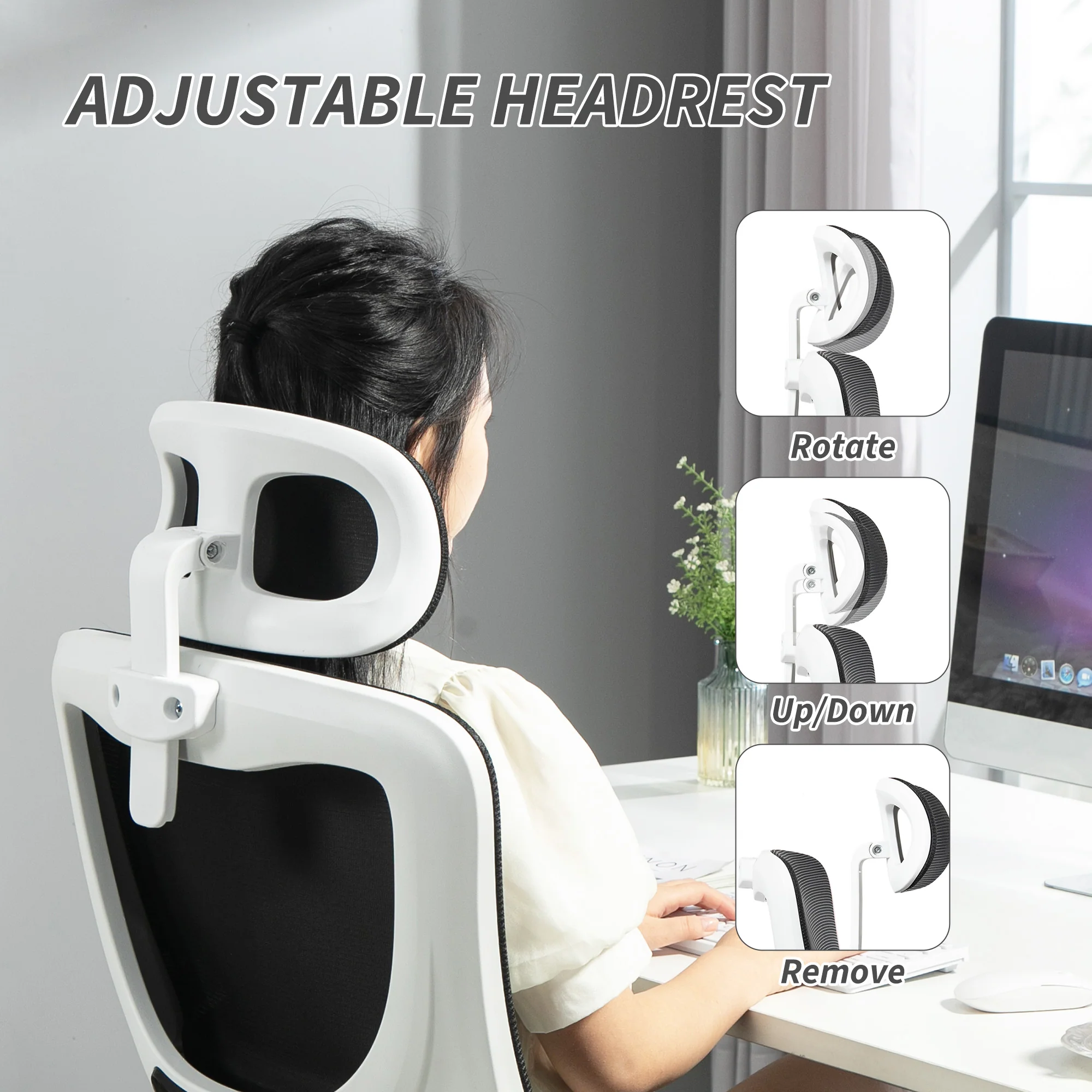 Vinsetto Mesh Office Chair With Adjustable Headrest, Lumbar Support, Black - Image 7