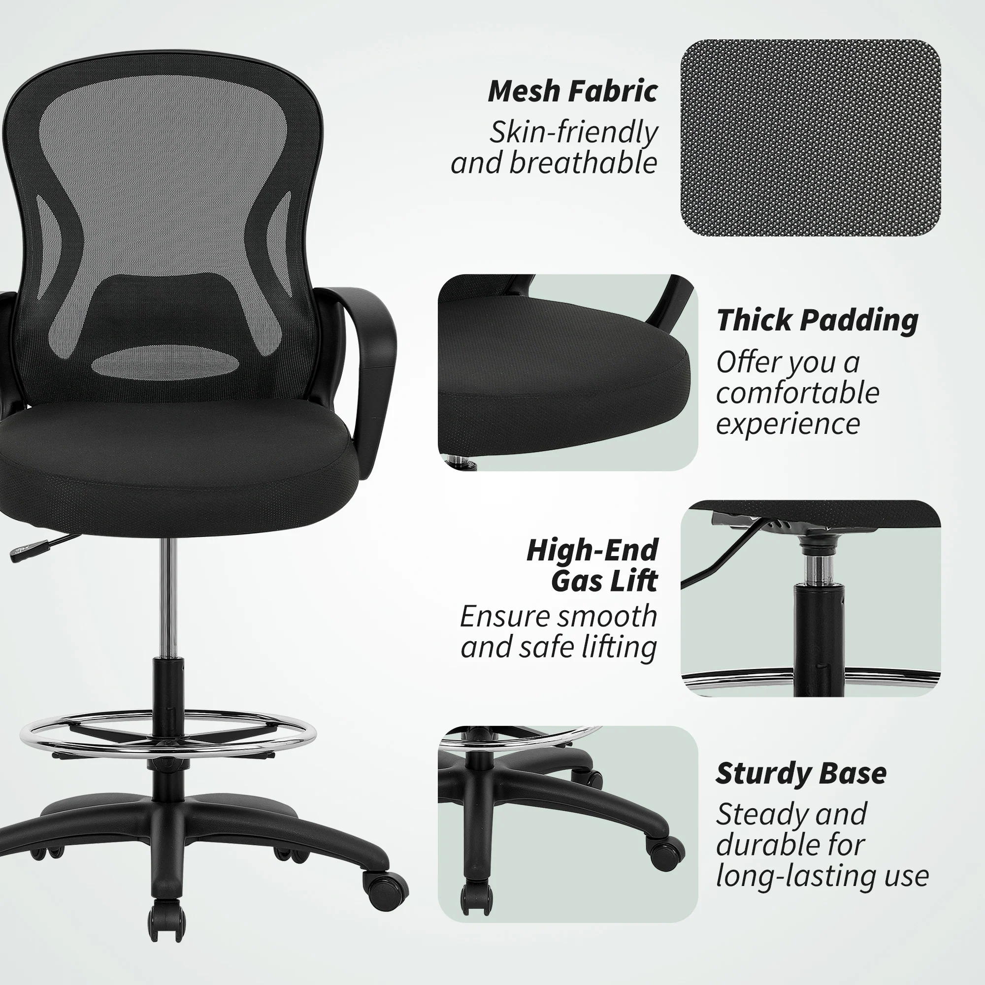 Vinsetto Mesh Office Chair With Lumbar Support, Adjustable Height, Black - Image 8
