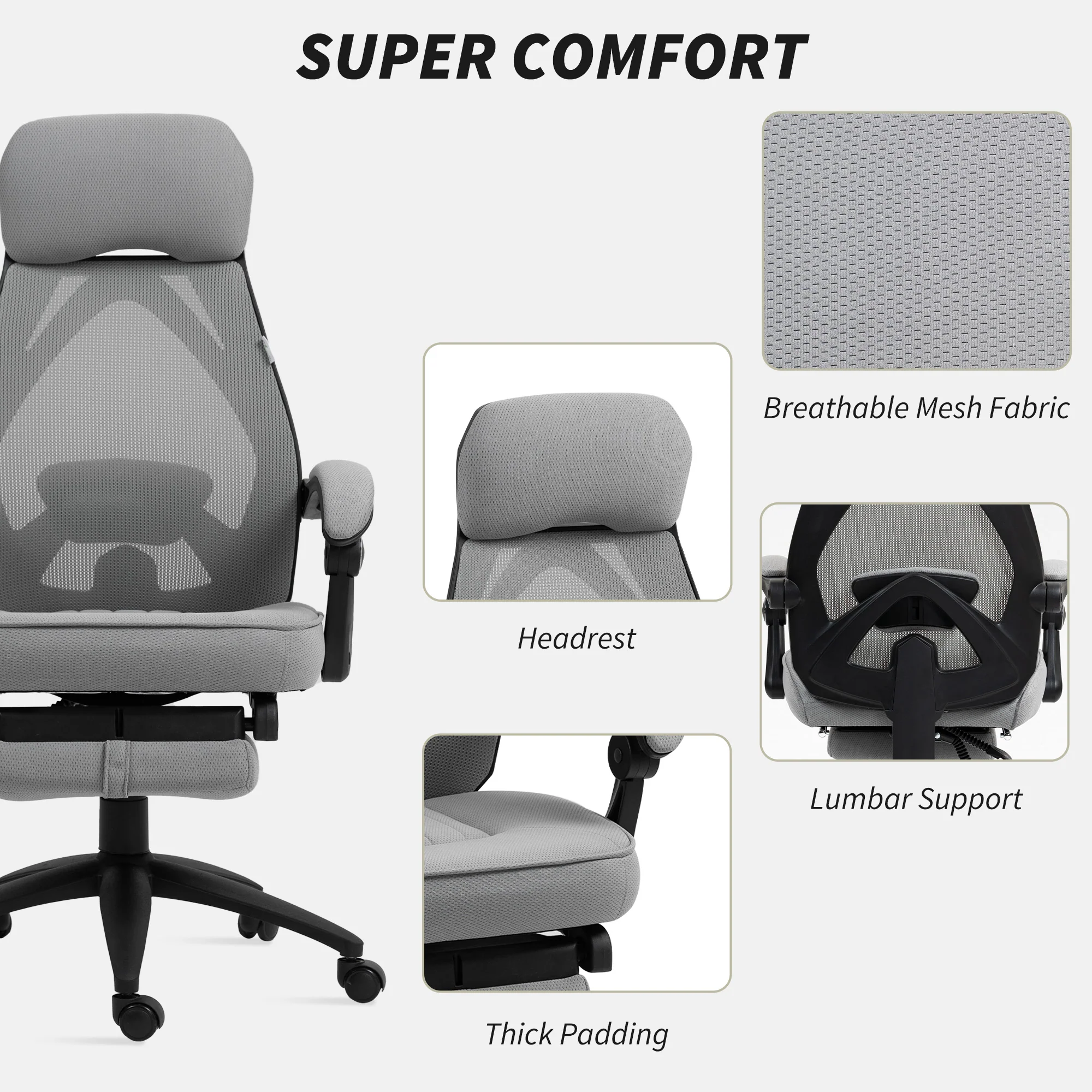 Vinsetto Mesh Swivel Task Chair for Home Office with Footrest Dark Grey - Image 6