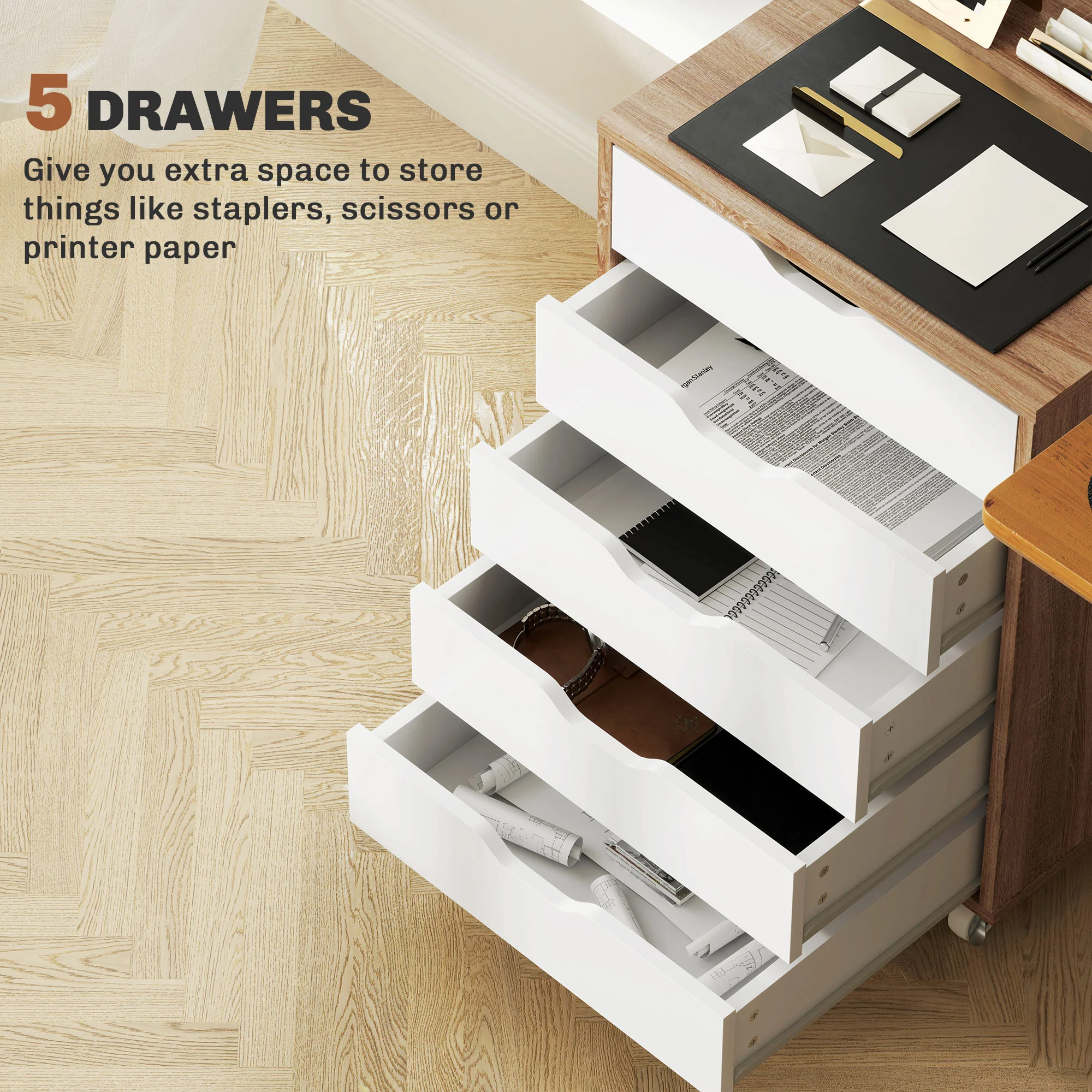 Vinsetto Mobile Filing Cabinet, 5-drawer File Cabinet with Wheels, Oak - Image 4
