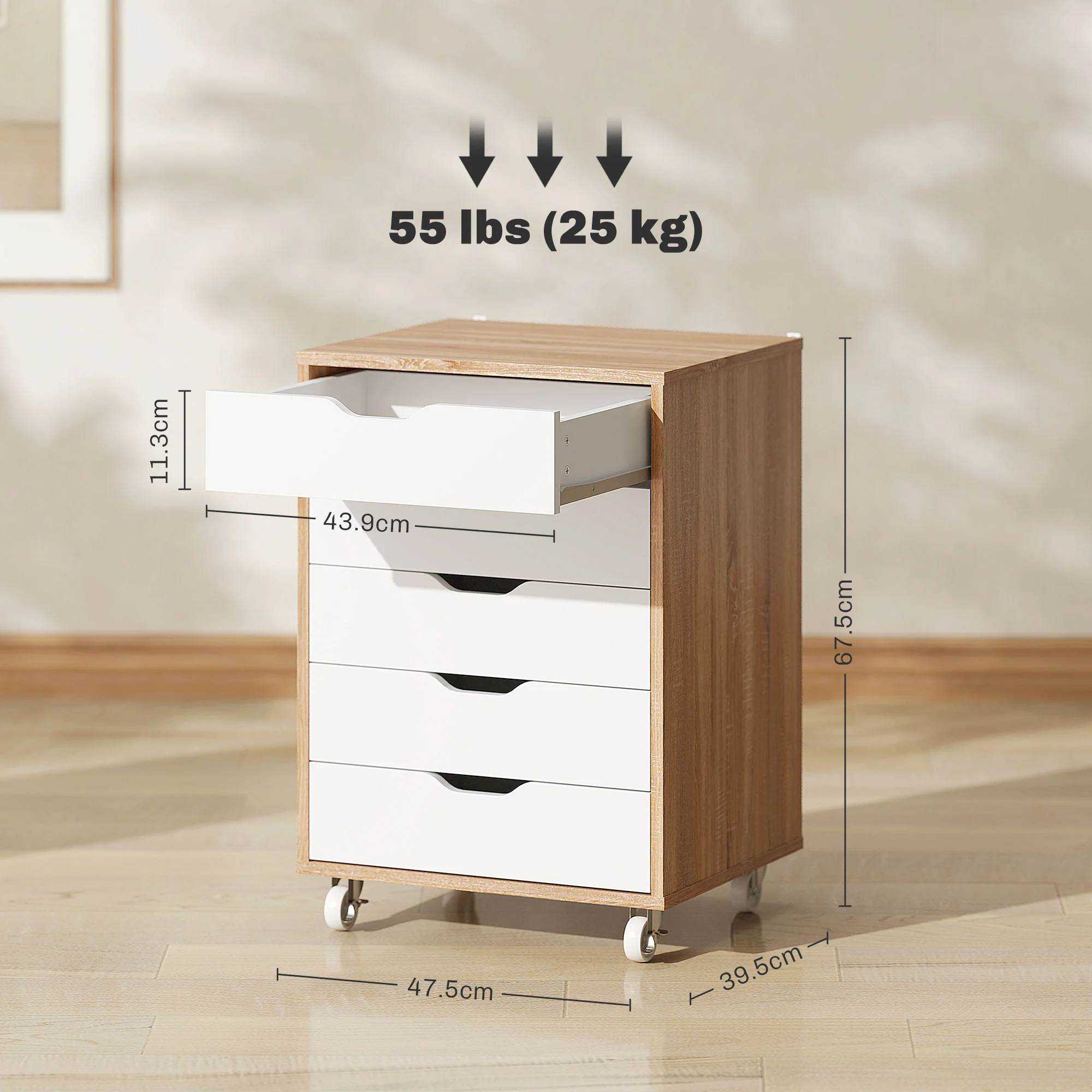Vinsetto Mobile Filing Cabinet, 5-drawer File Cabinet with Wheels, Oak - Image 5