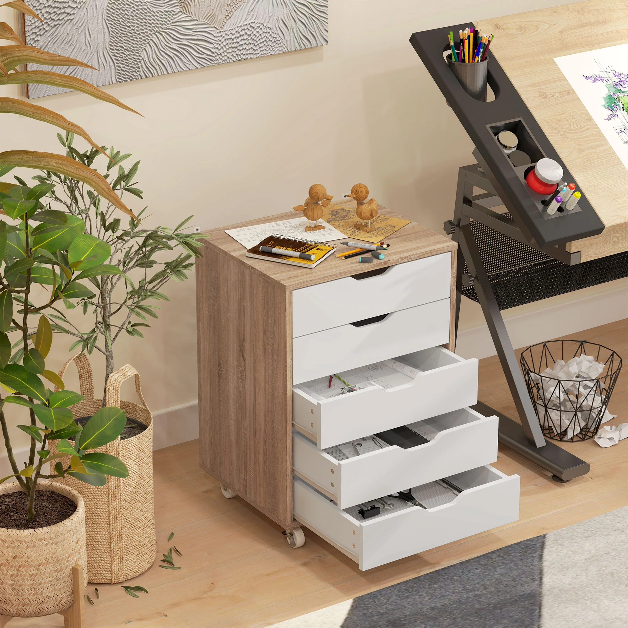 Vinsetto Mobile Filing Cabinet, 5-drawer File Cabinet with Wheels, Oak - Image 9