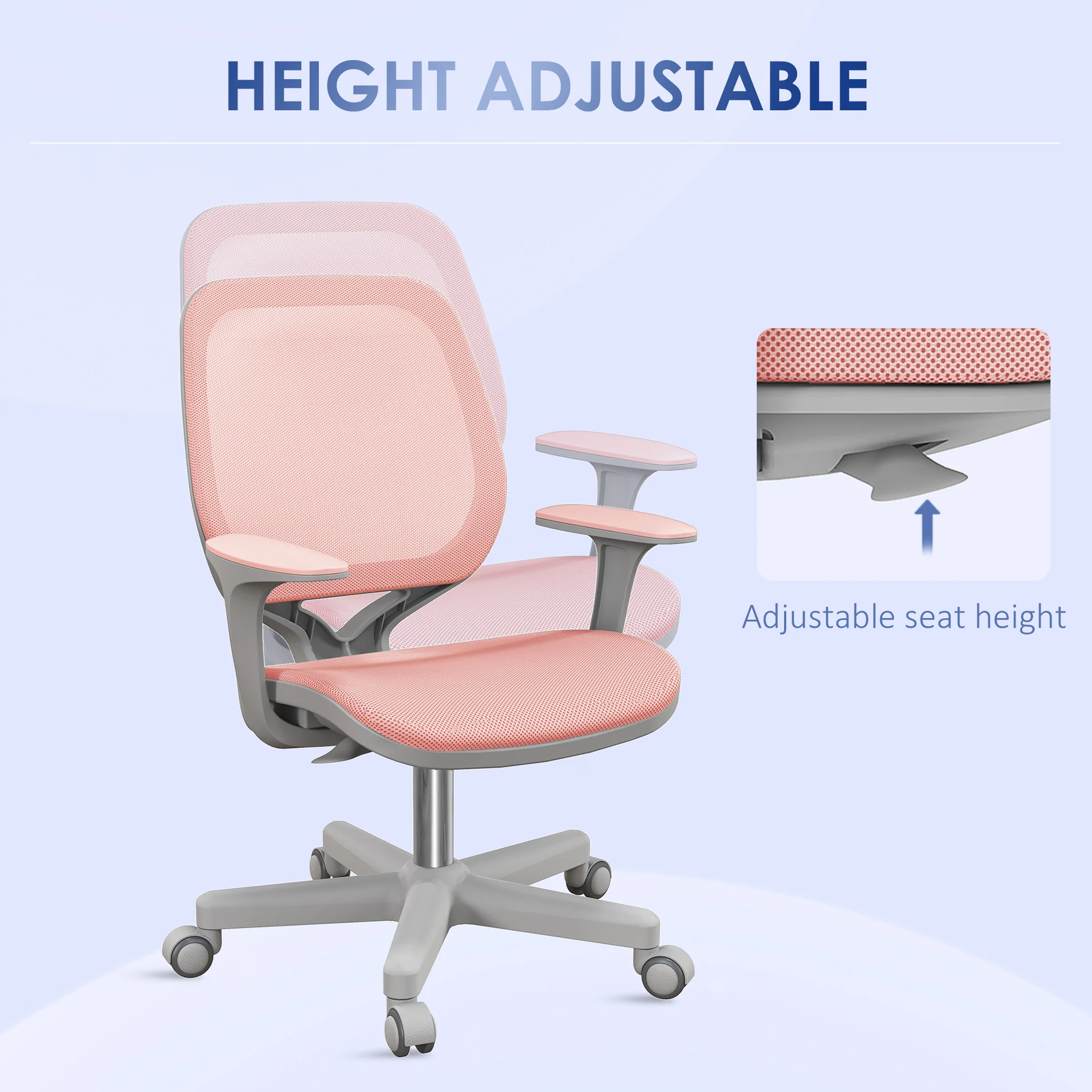 Vinsetto Office Chair, 360° Swivel Desk Chair With Security Wheels - Grey/Pink - Image 13
