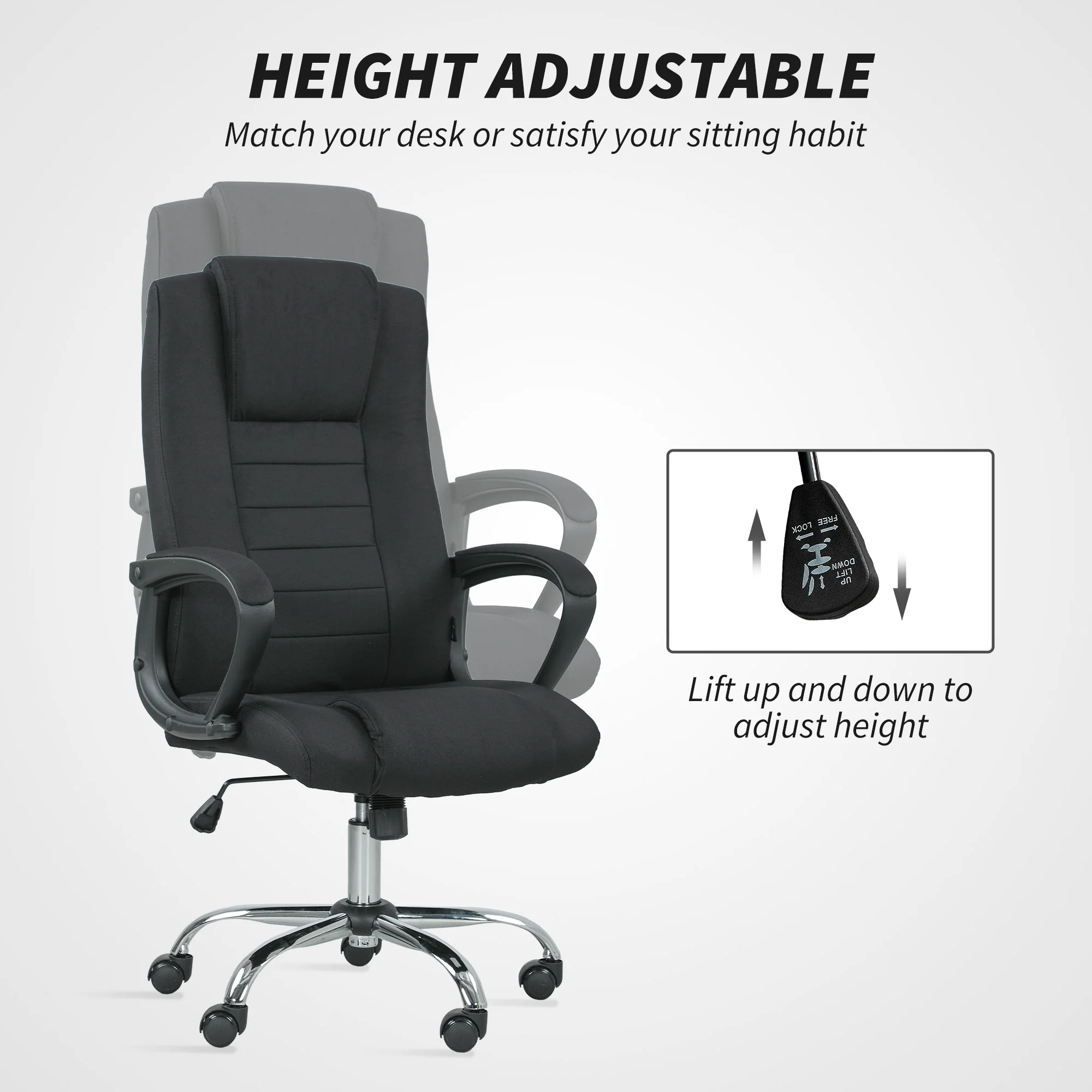 Vinsetto Office Chair For Desk, With Height Adjustable, Wheels, Black - Image 3