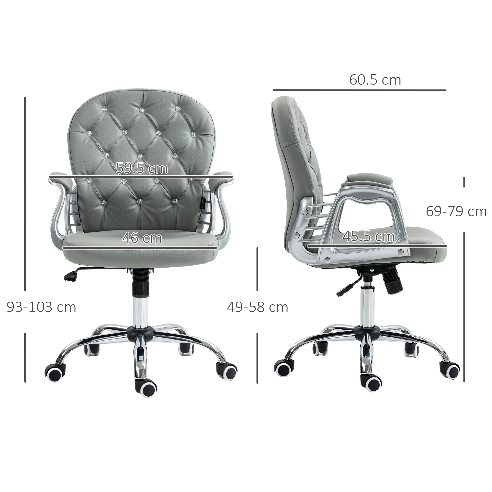 Vinsetto Office Chair PU Diamante Padded Ergonomic 360° Swivel - White/Grey/Pink - Image 14
