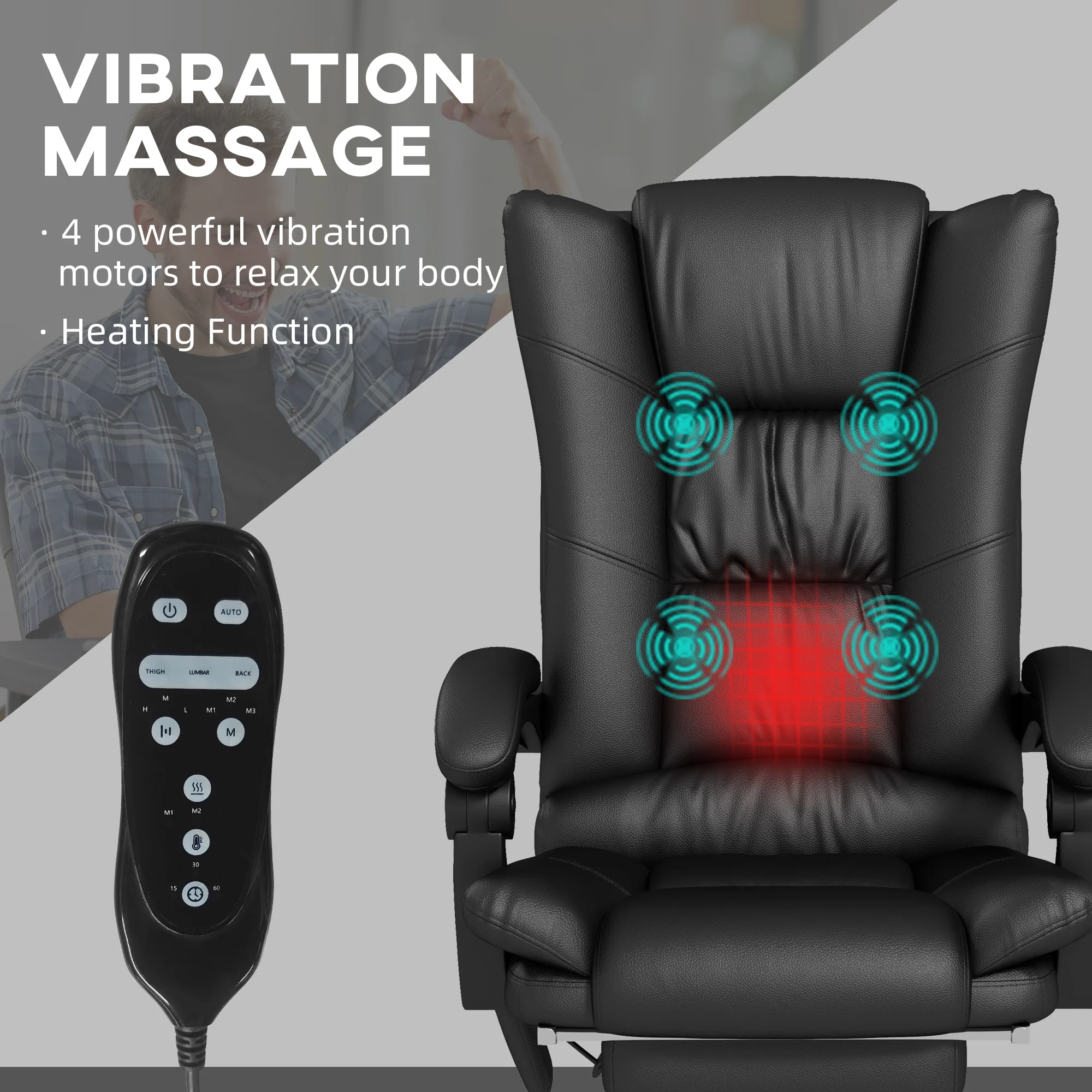 Vinsetto PU Leather Vibration Massage Office Chair With Heat, Black - Image 3