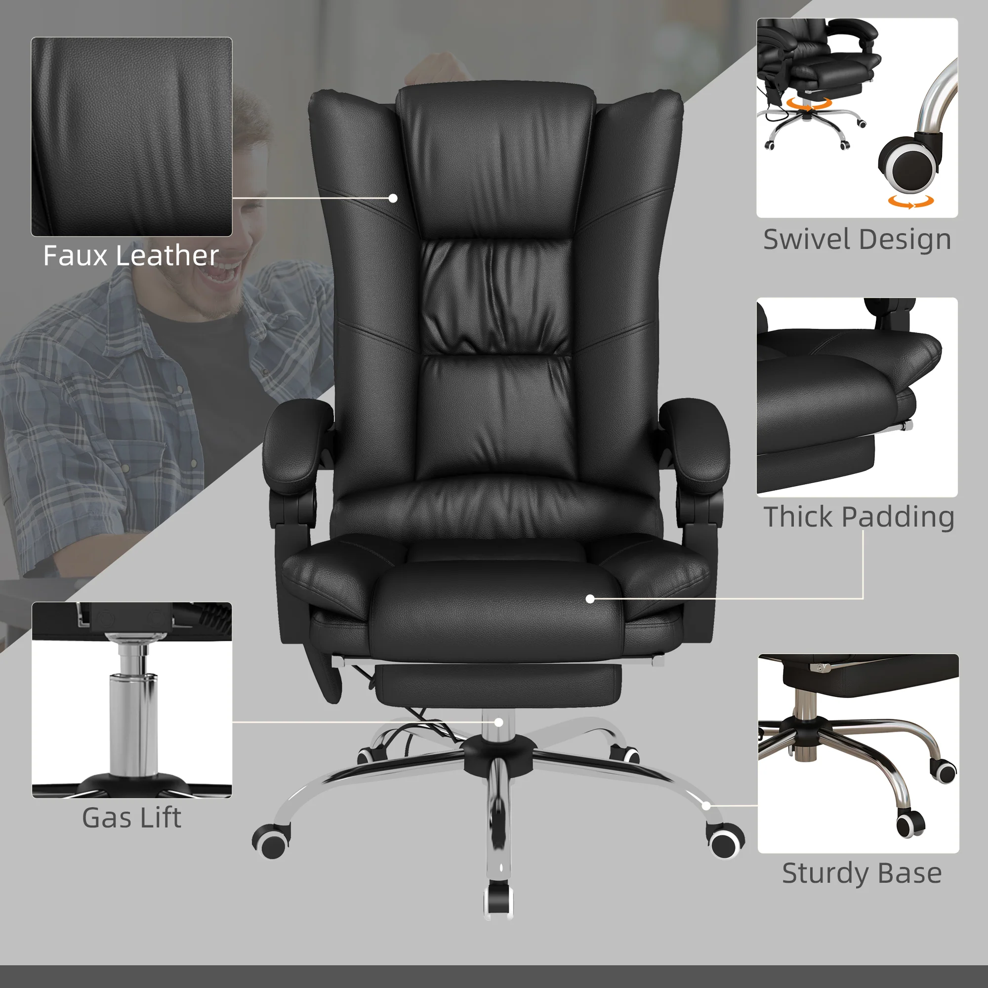 Vinsetto PU Leather Vibration Massage Office Chair With Heat, Black - Image 7