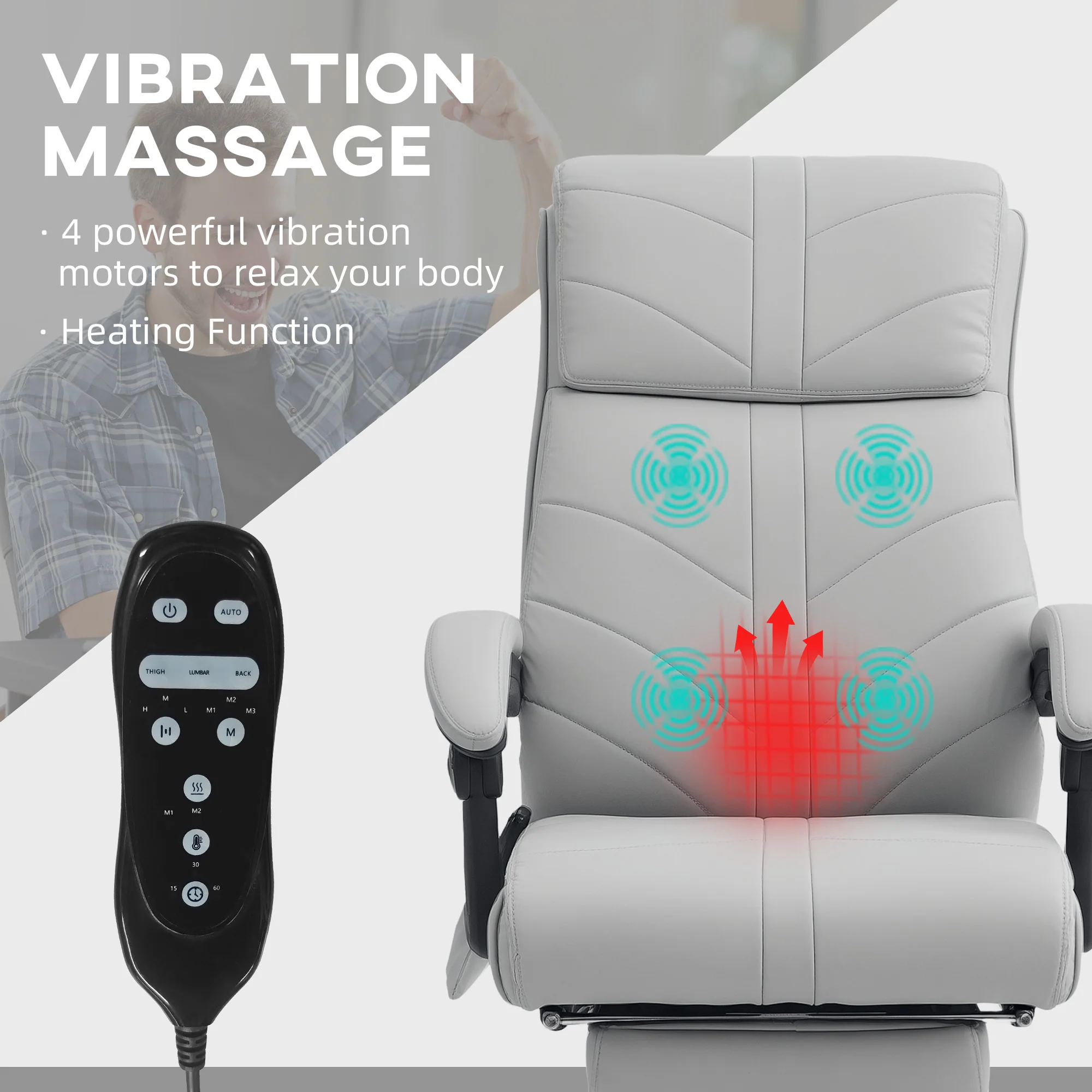 Vinsetto PU Vibration Massage Office Chair with Heat, Footrest, Light Grey - Image 3