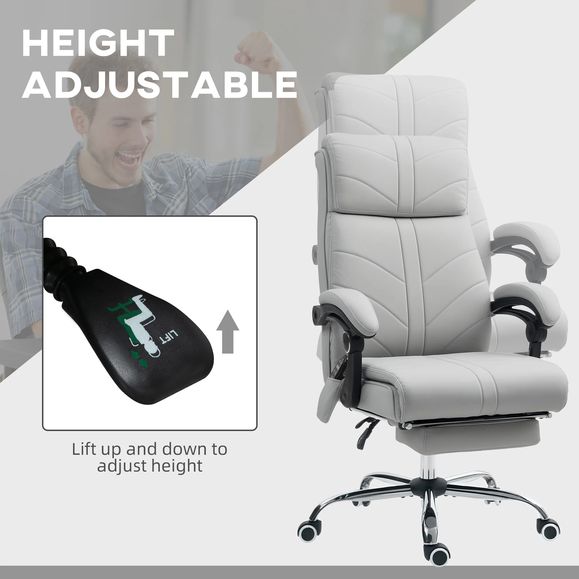 Vinsetto PU Vibration Massage Office Chair with Heat, Footrest, Light Grey - Image 4
