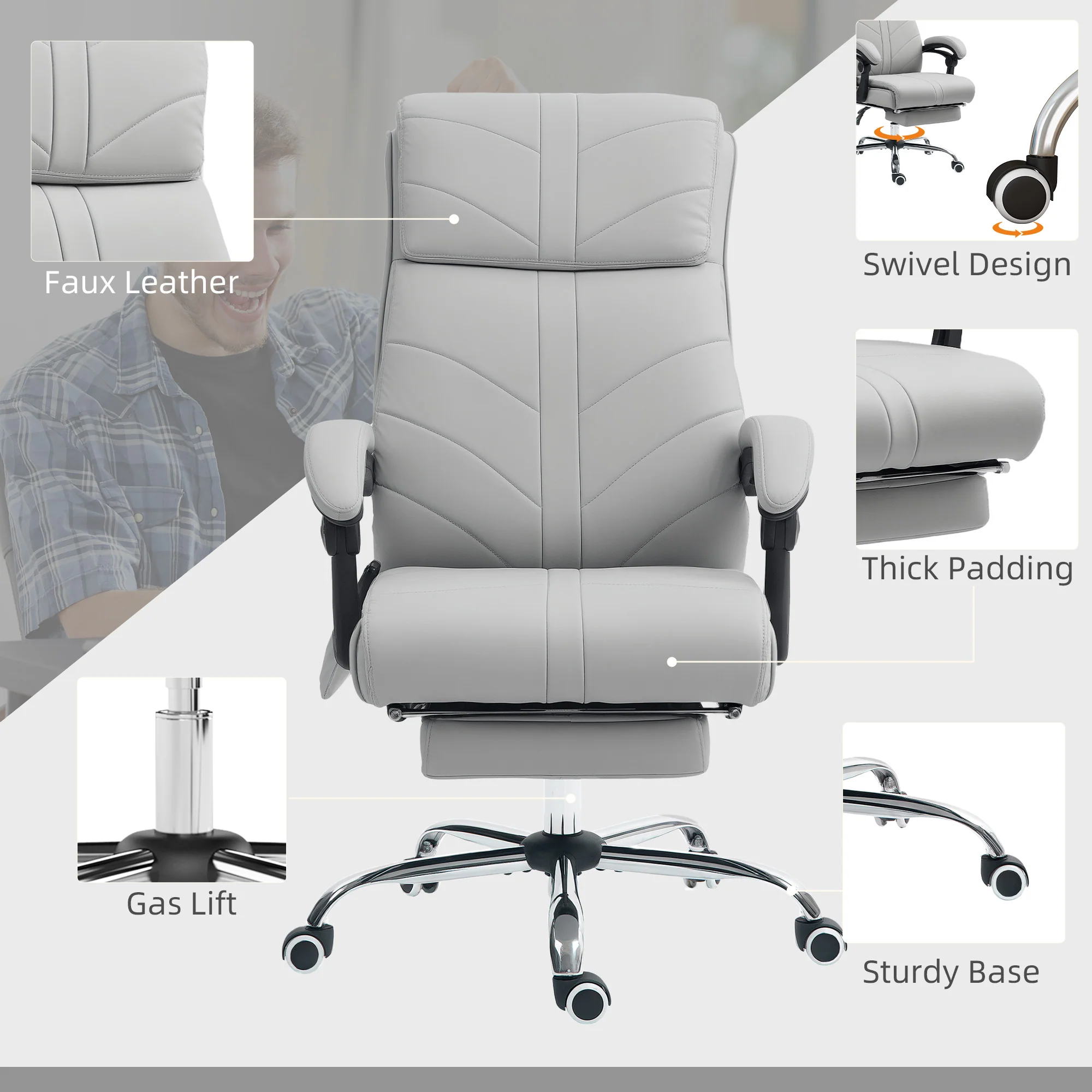 Vinsetto PU Vibration Massage Office Chair with Heat, Footrest, Light Grey - Image 7