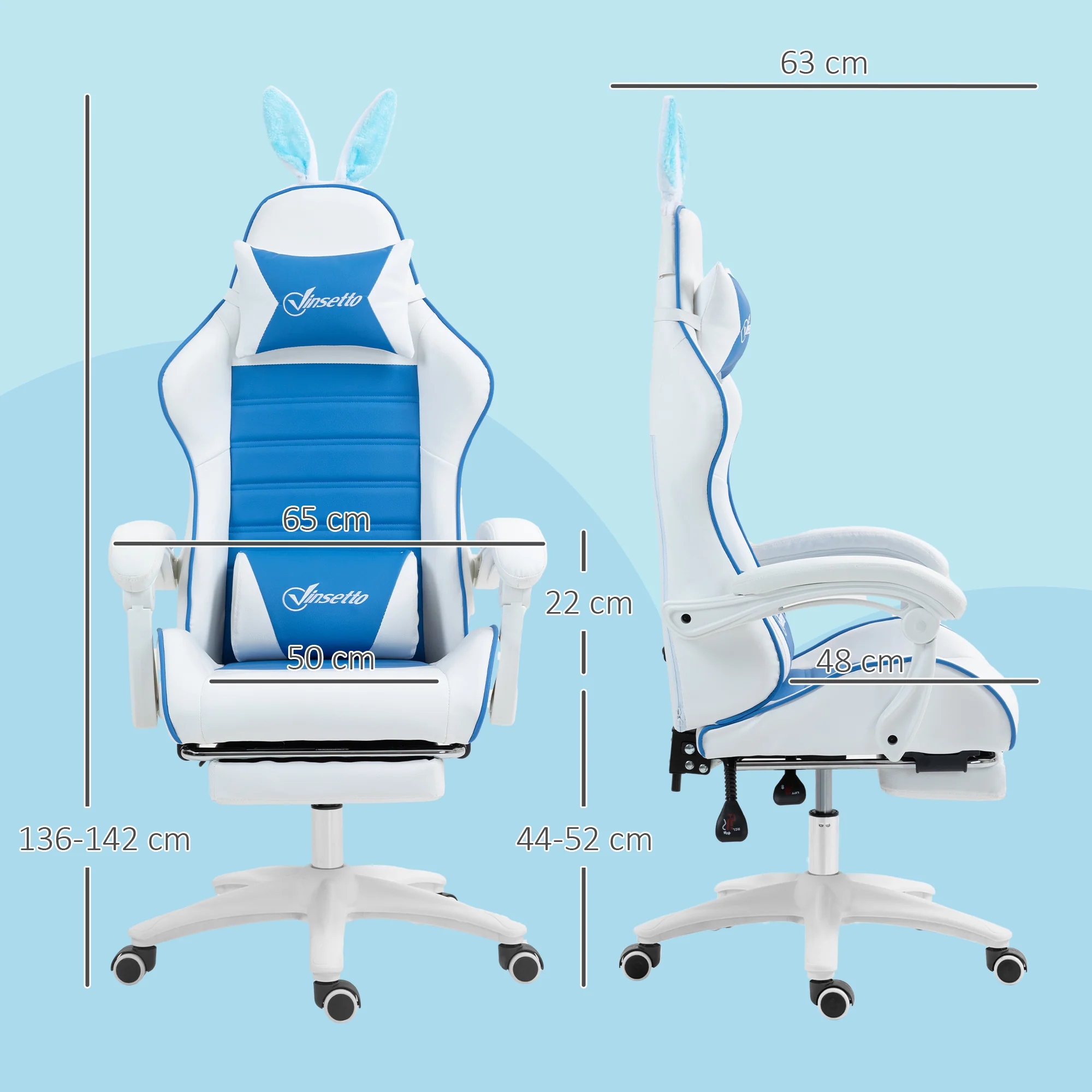 Vinsetto Racing Style Gaming Chair With Footrest Removable Rabbit Ears, Blue - Image 5