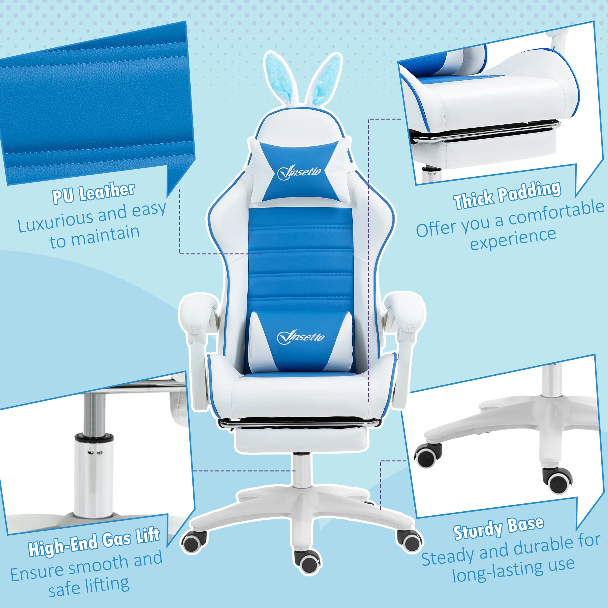 Vinsetto Racing Style Gaming Chair With Footrest Removable Rabbit Ears, Blue - Image 8