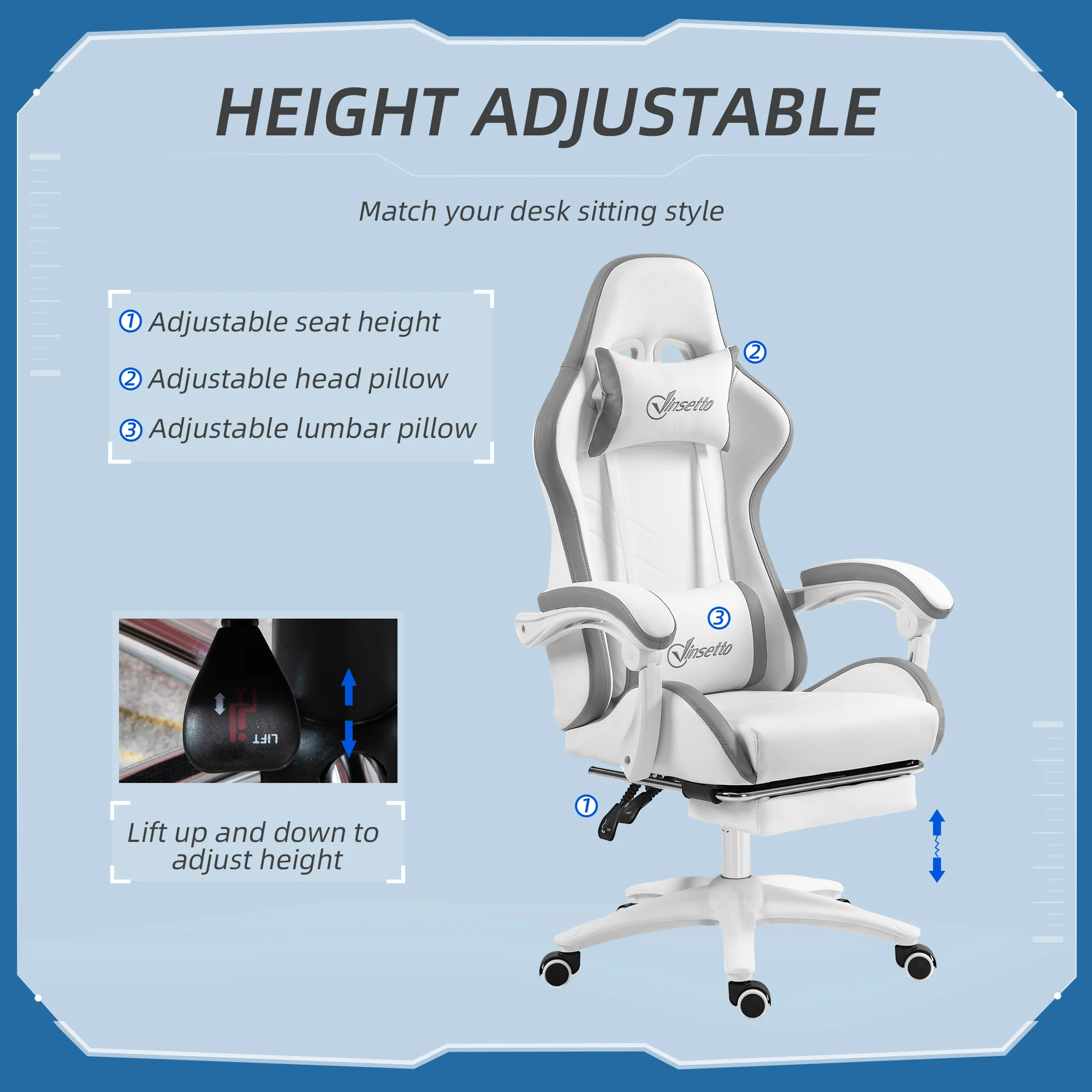 Vinsetto Racing Style Gaming Chair With Reclining Function Footrest, Grey - Image 3