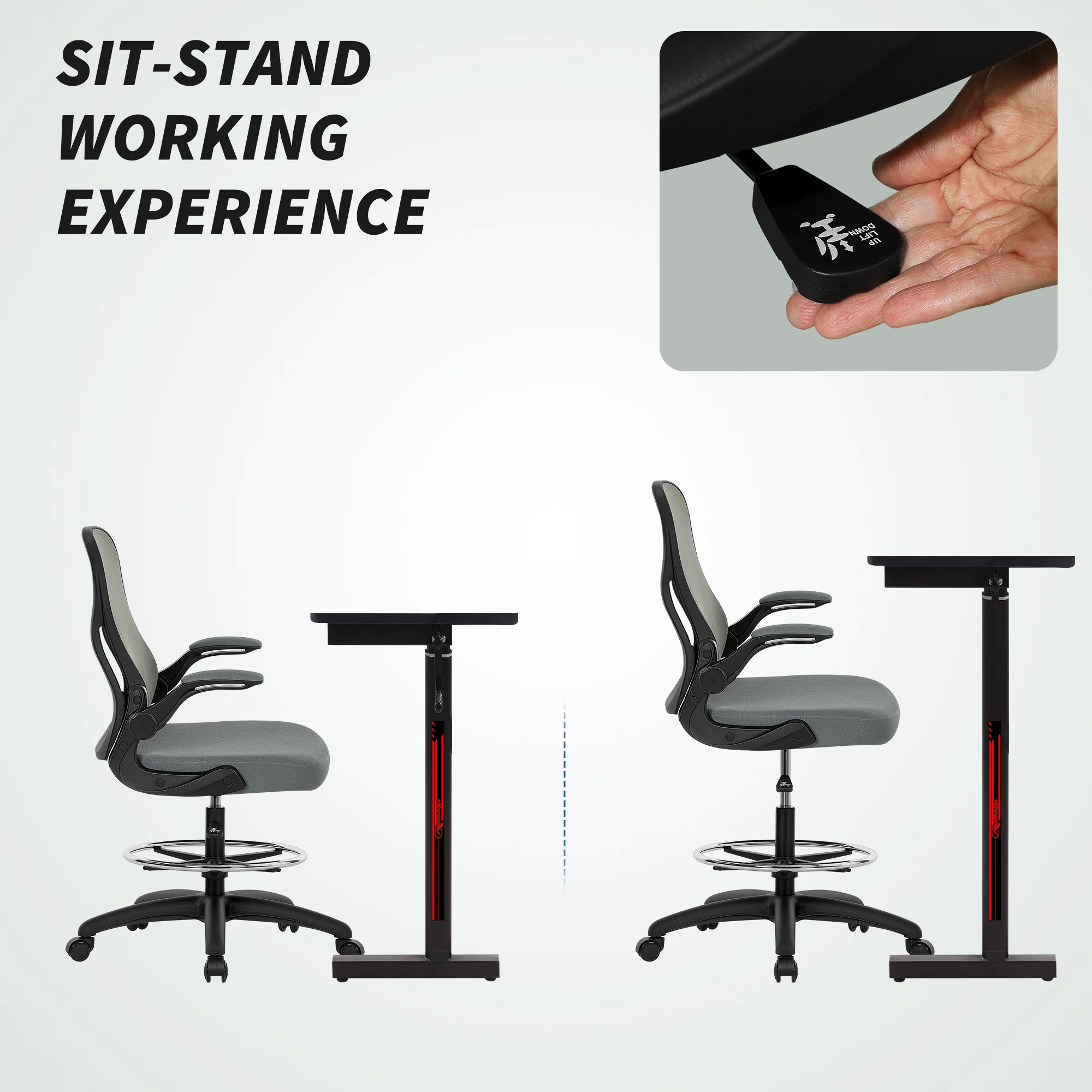 Vinsetto Standing Desk Chair With Adjustable Footrest, Charcoal Grey - Image 4