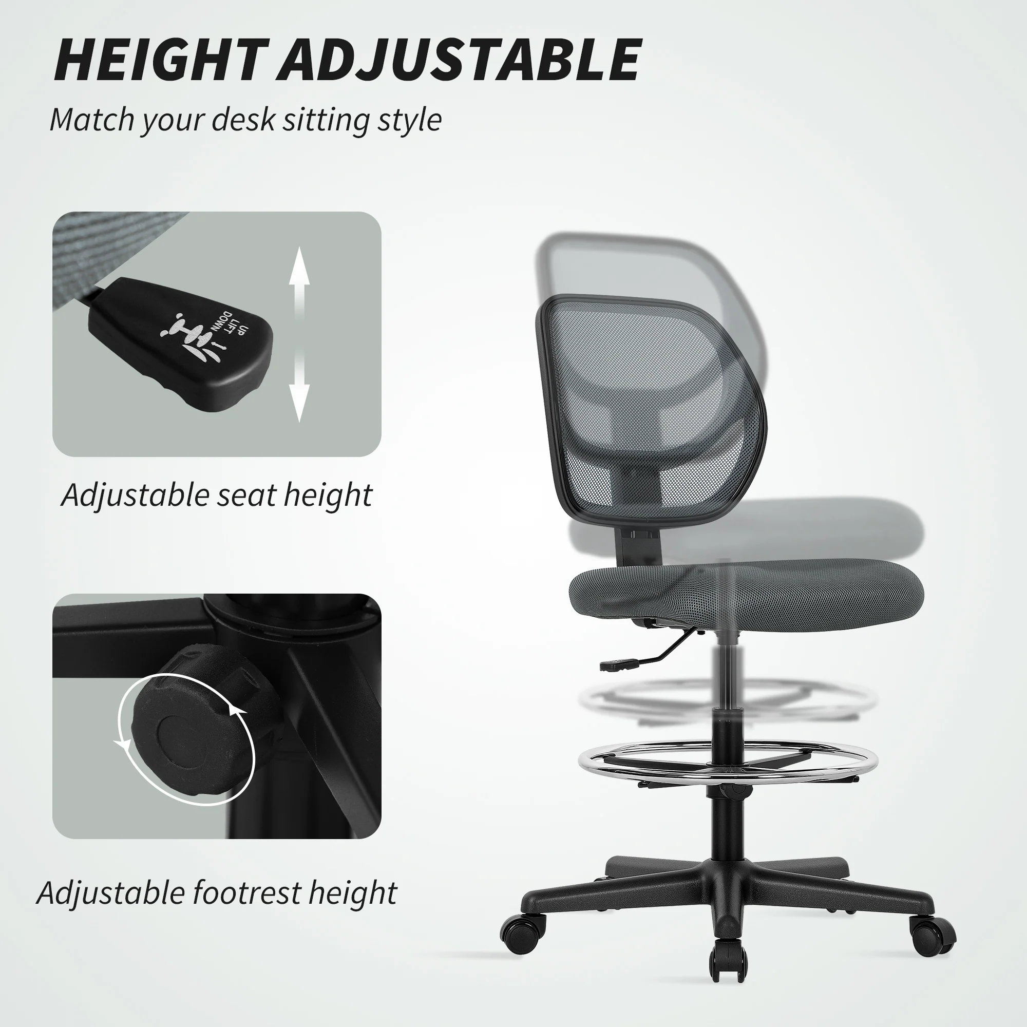 Vinsetto Swivel Mesh Office Chair W/ Adjustable Footrest Ring, Charcoal Grey - Image 3