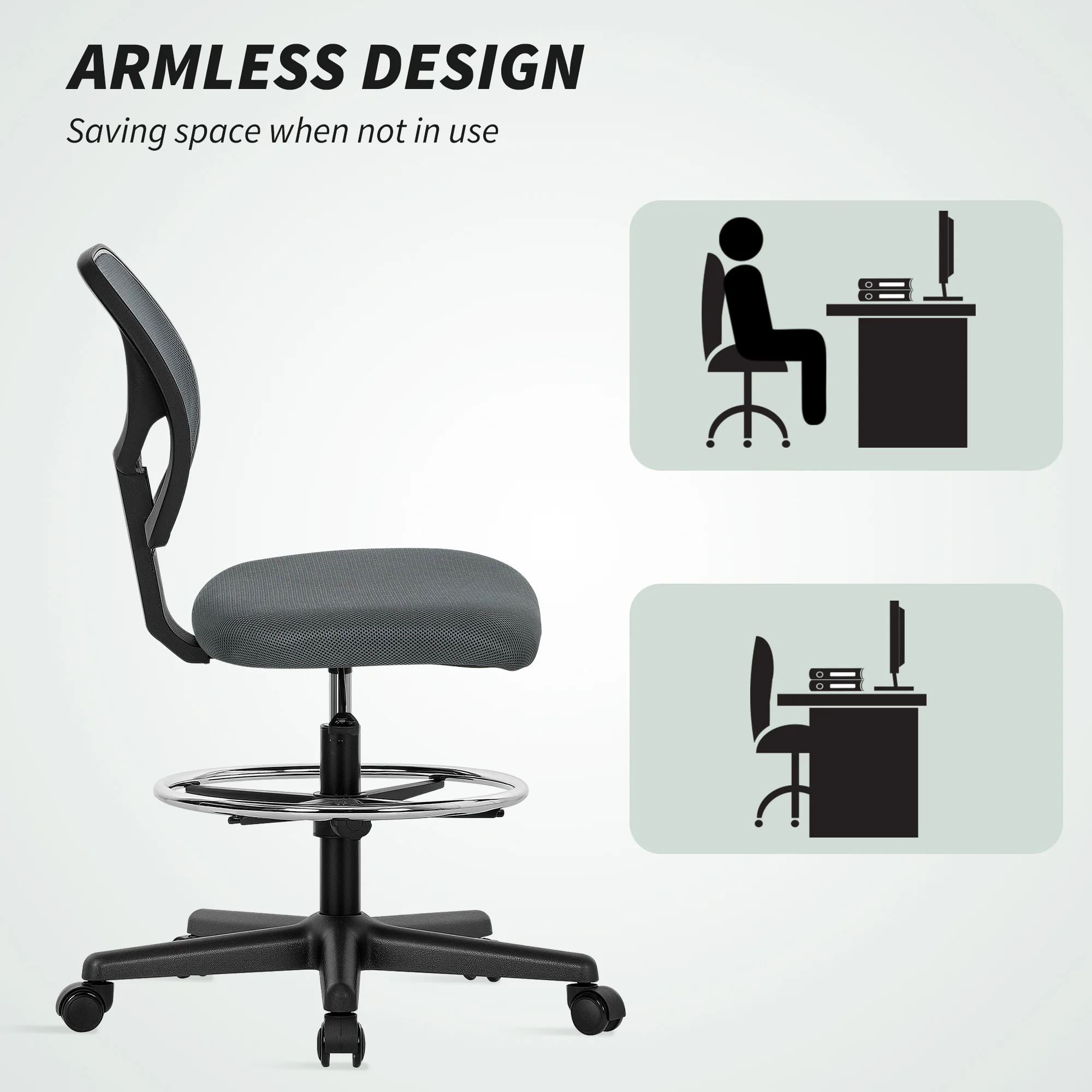 Vinsetto Swivel Mesh Office Chair W/ Adjustable Footrest Ring, Charcoal Grey - Image 6