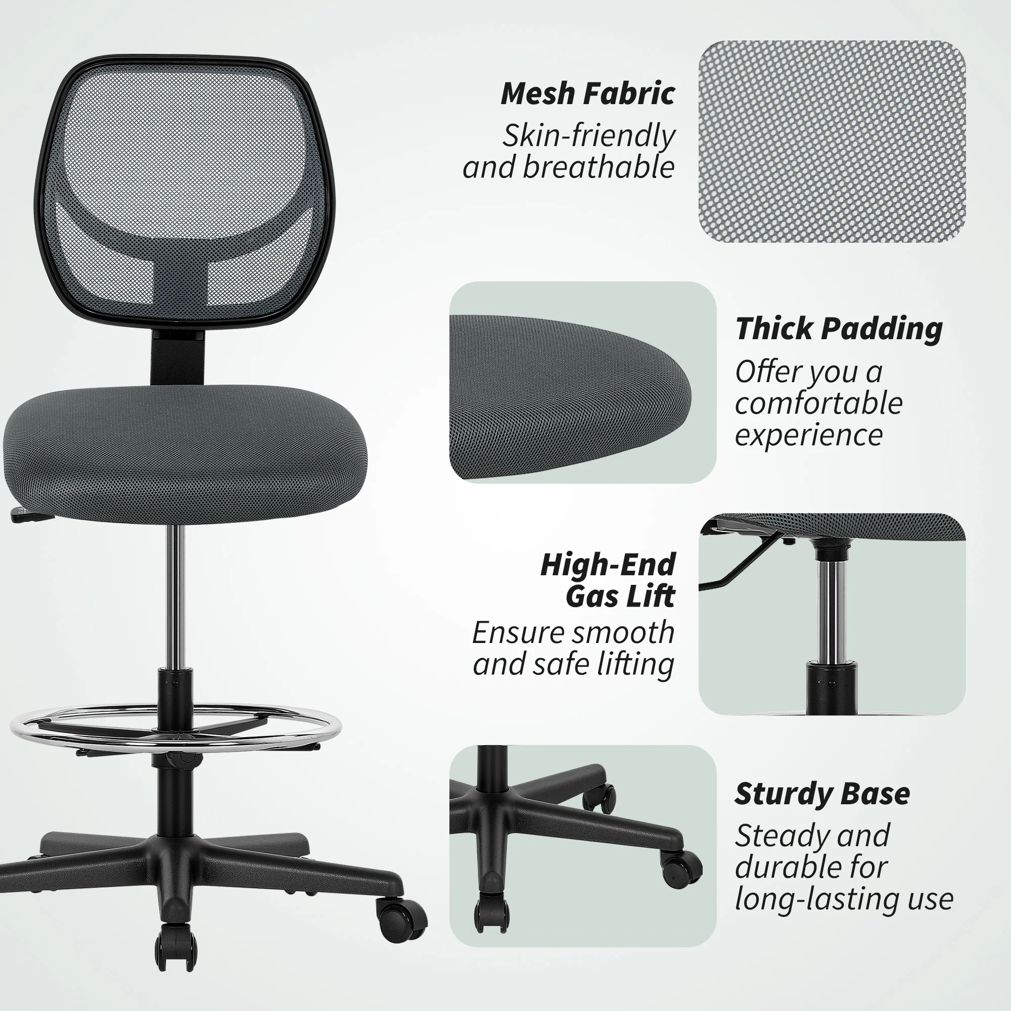 Vinsetto Swivel Mesh Office Chair W/ Adjustable Footrest Ring, Charcoal Grey - Image 8