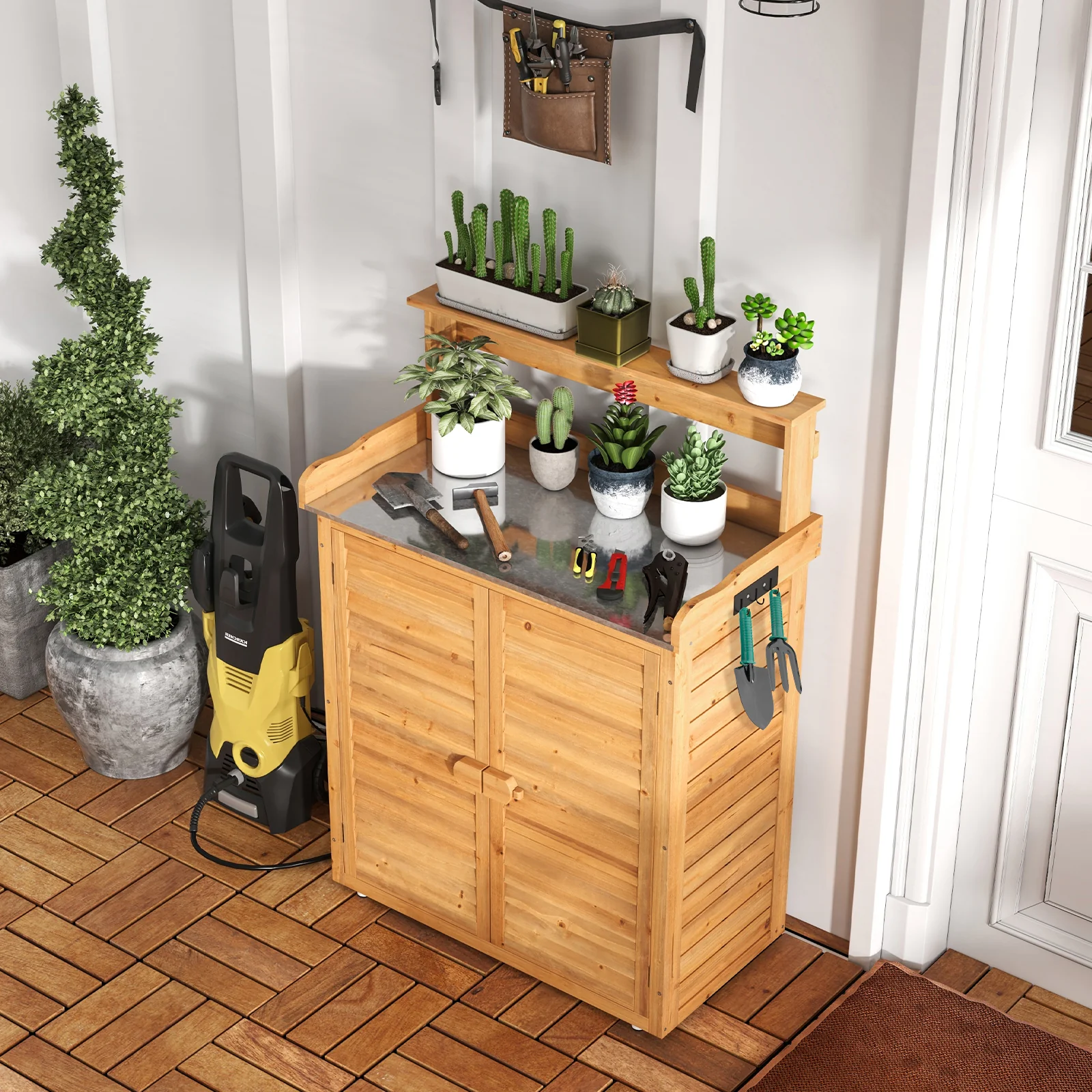 Wooden Storage Cabinet with Galvanized Metal Countertop-Natural - Image 2