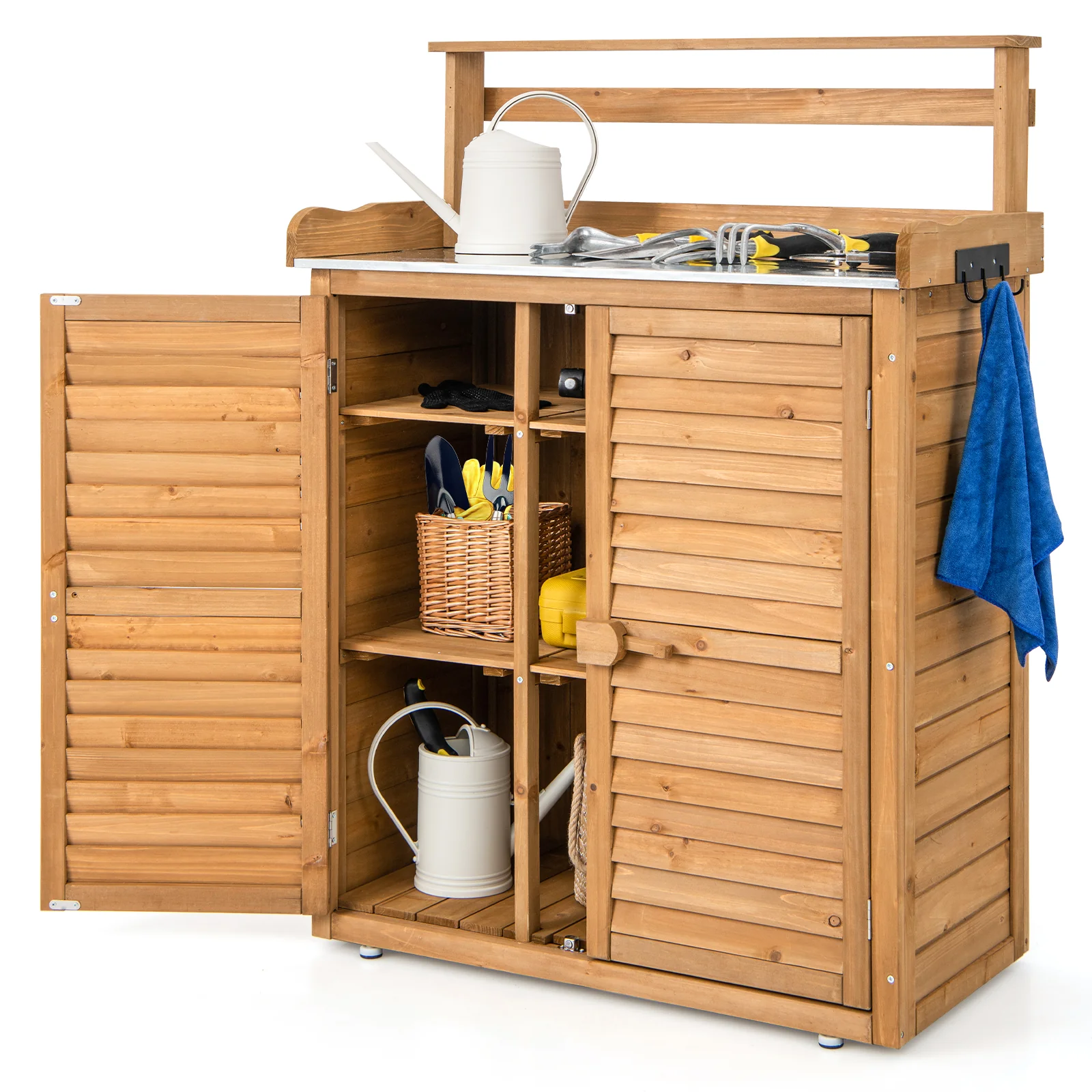 Wooden Storage Cabinet with Galvanized Metal Countertop-Natural - Image 4