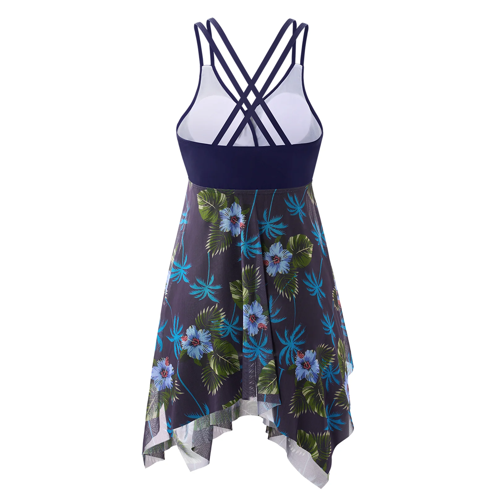 Wrap-Front V-Neck One-piece Navy Floral Swim Dress With Safety Swim Briefs - Image 3