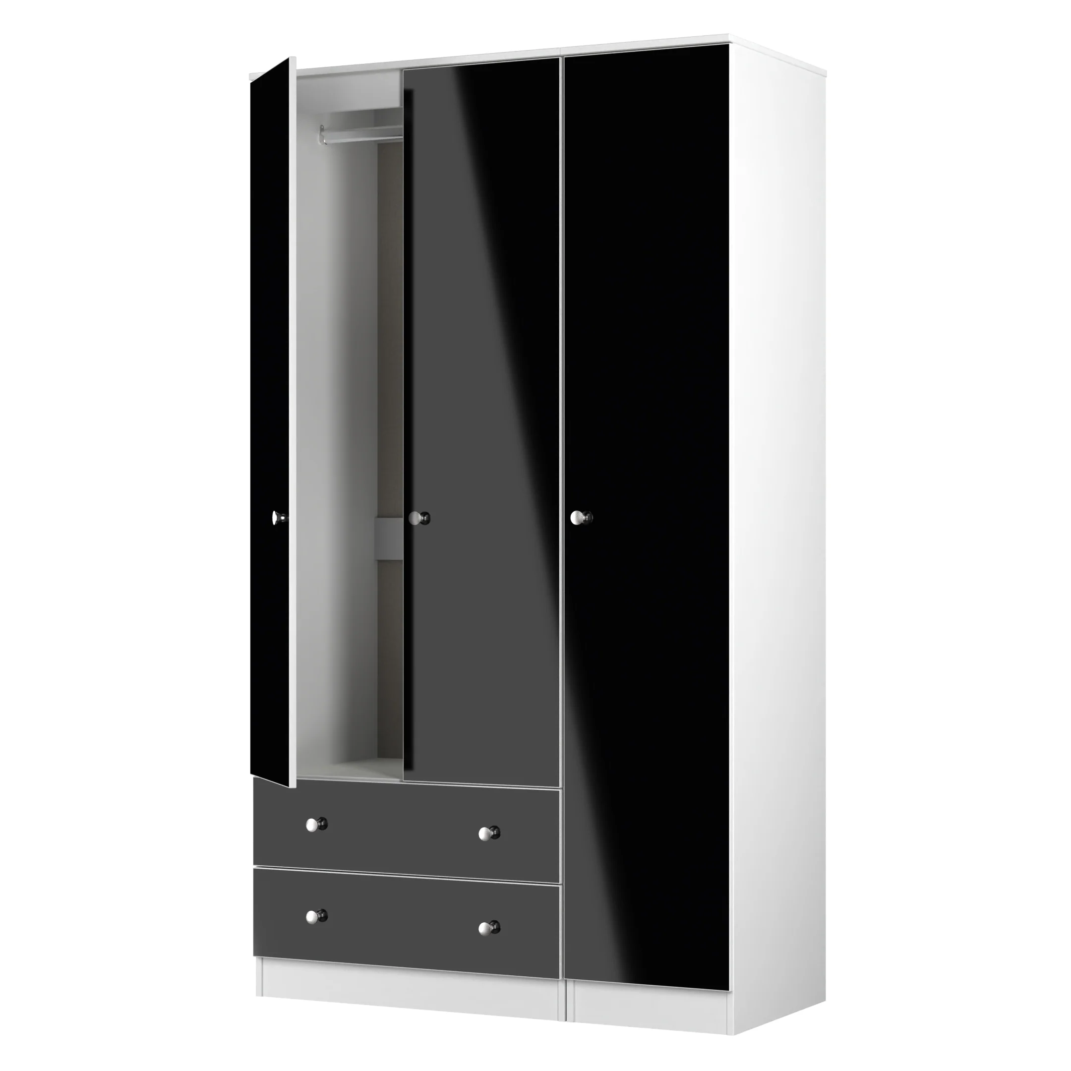Yarmouth Tall Triple 2 Drawer Wardrobe in Black & White Matt - Ready Assembled - Image 5