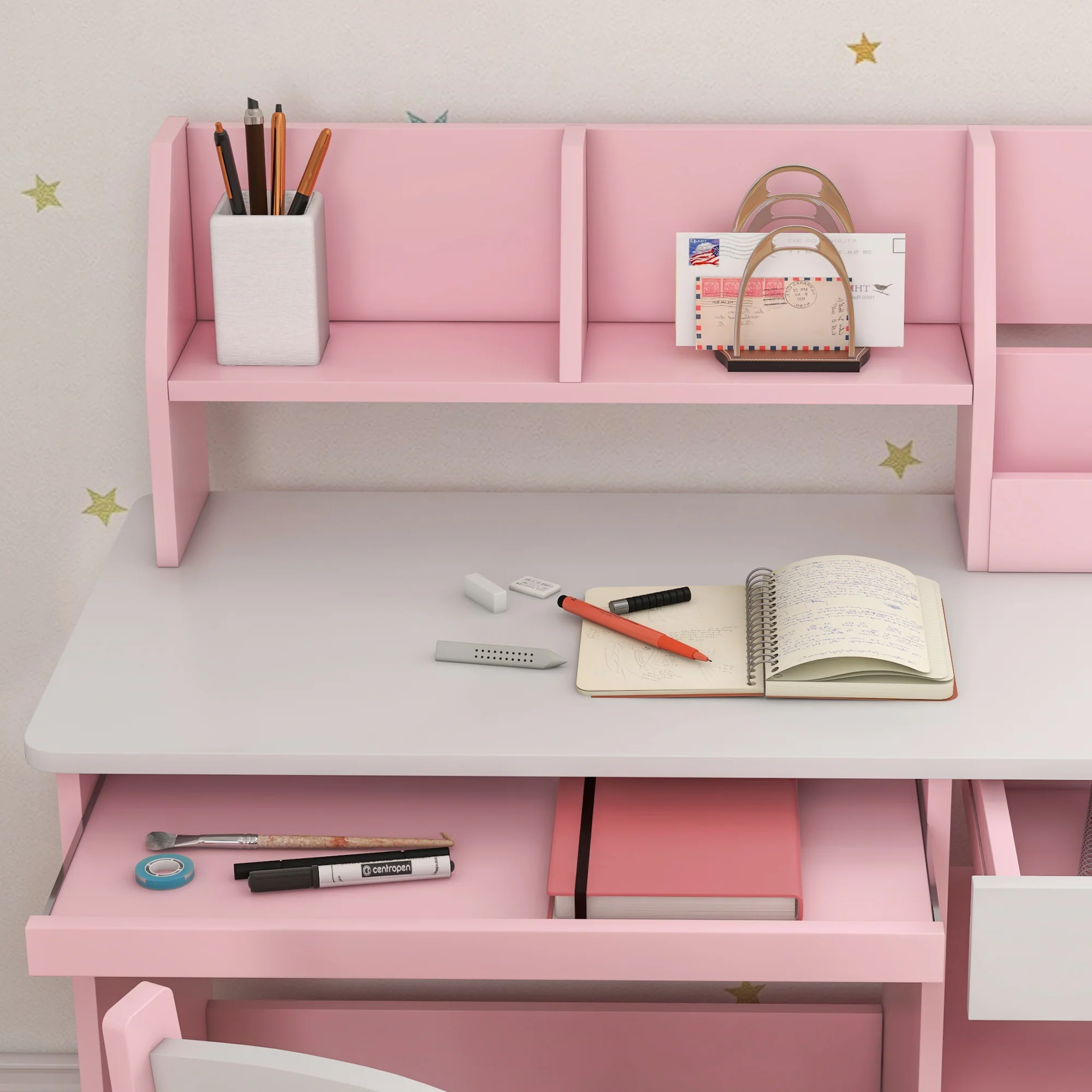 ZONEKIZ Kids Desk And Chair Set With Storage For 5-8 Years, Pink - Image 9