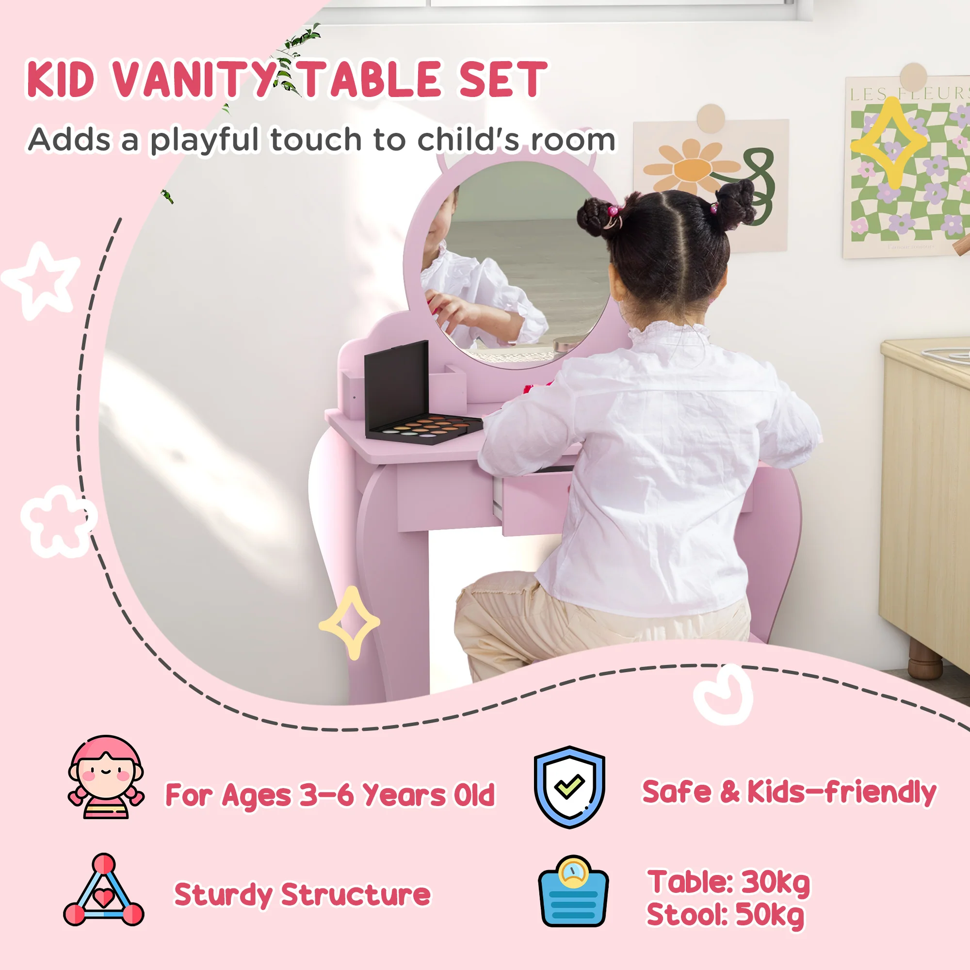 ZONEKIZ Kids Dressing Table, Cat Design W/ Mirror, Stool, Drawer, Storage Box - Image 3