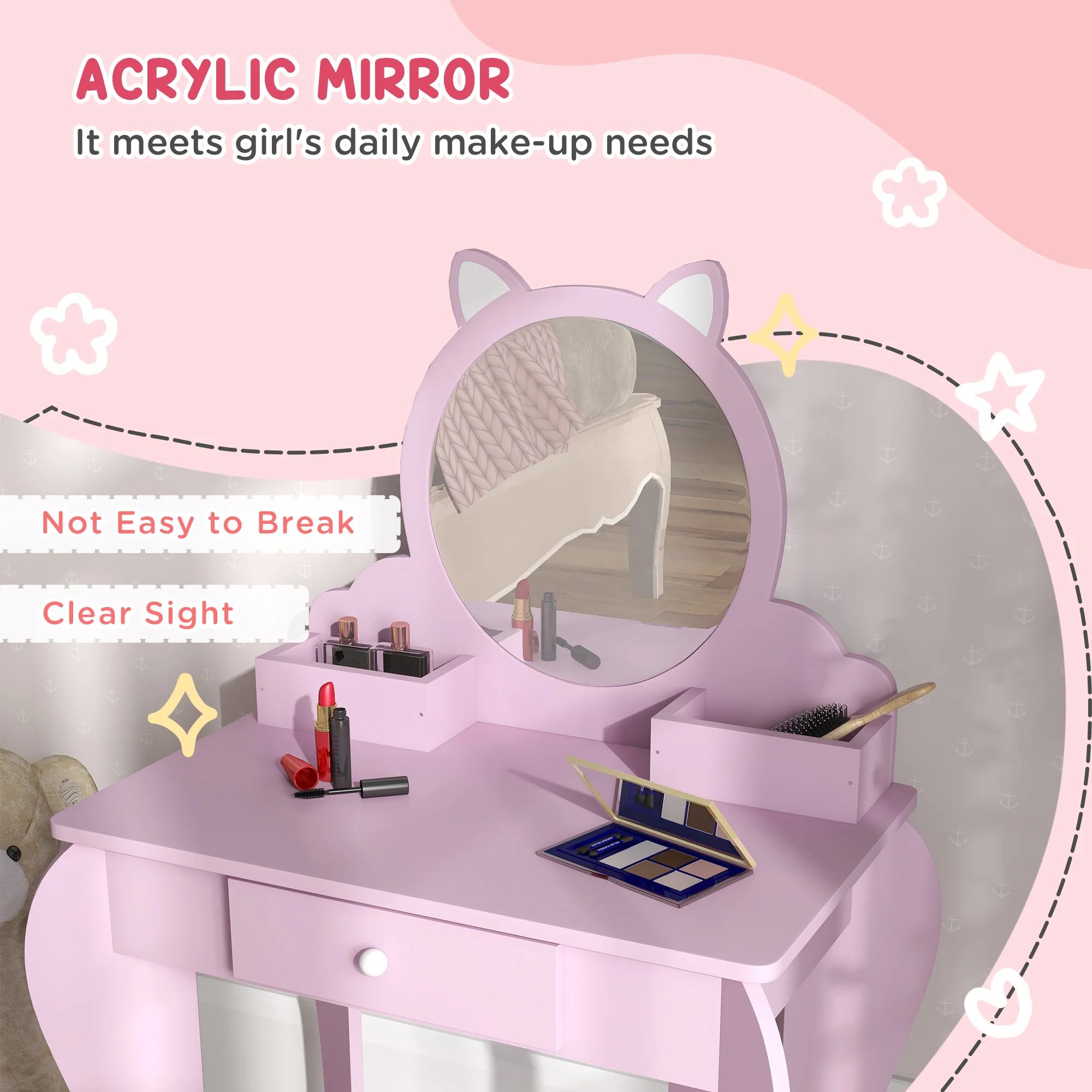 ZONEKIZ Kids Dressing Table, Cat Design W/ Mirror, Stool, Drawer, Storage Box - Image 6