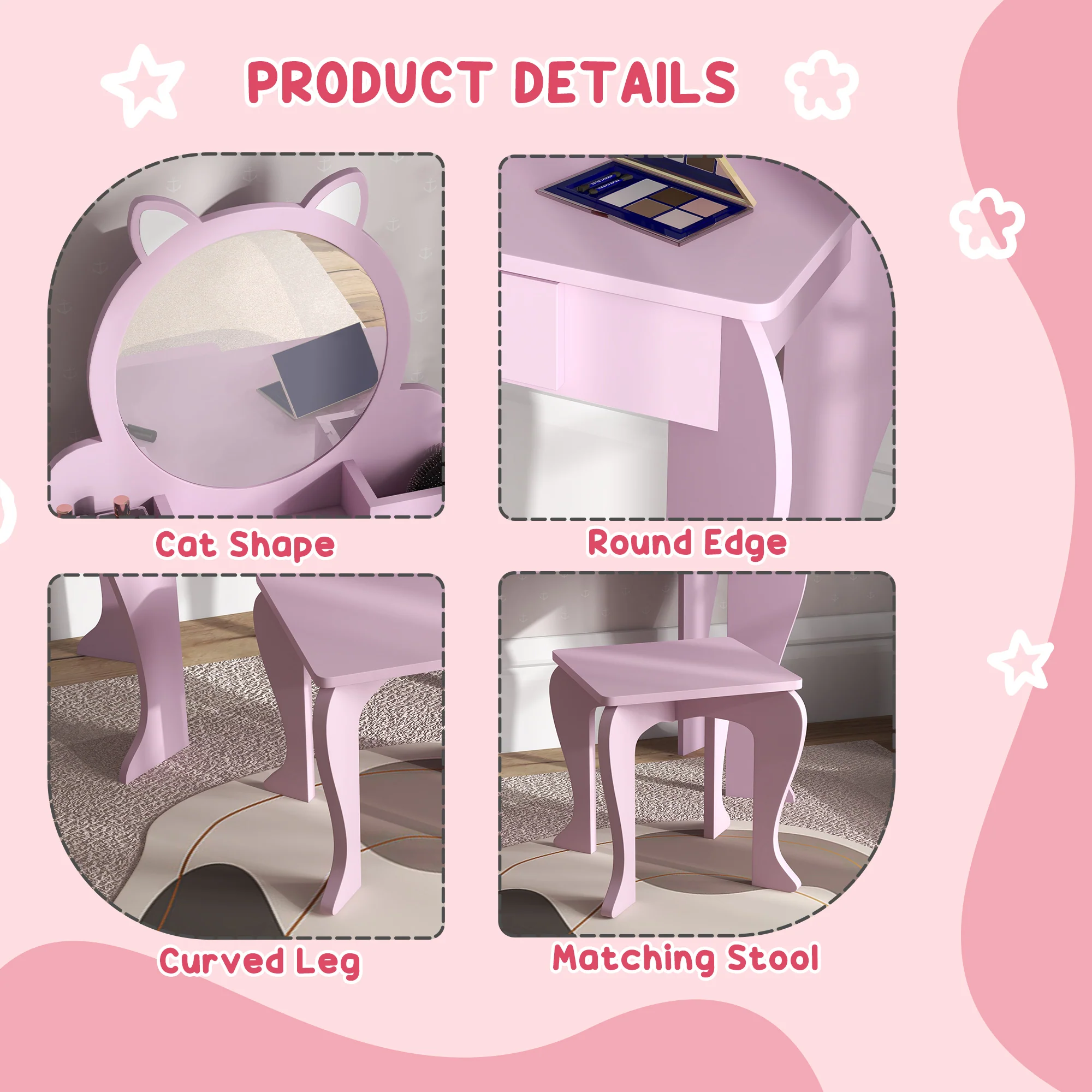 ZONEKIZ Kids Dressing Table, Cat Design W/ Mirror, Stool, Drawer, Storage Box - Image 7