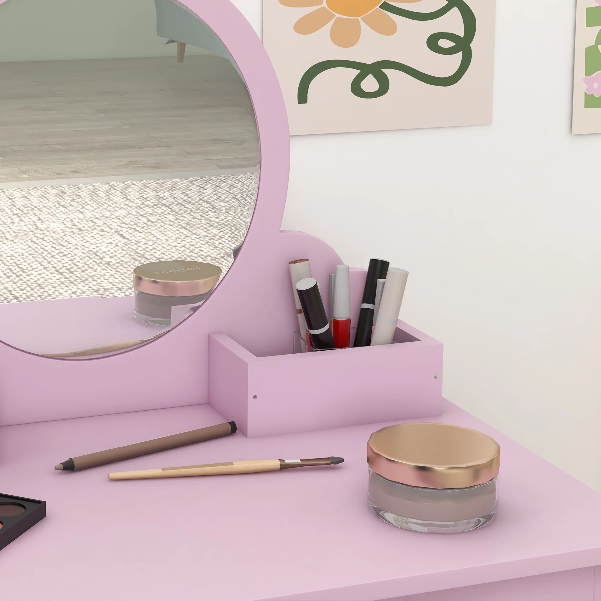 ZONEKIZ Kids Dressing Table, Cat Design W/ Mirror, Stool, Drawer, Storage Box - Image 9