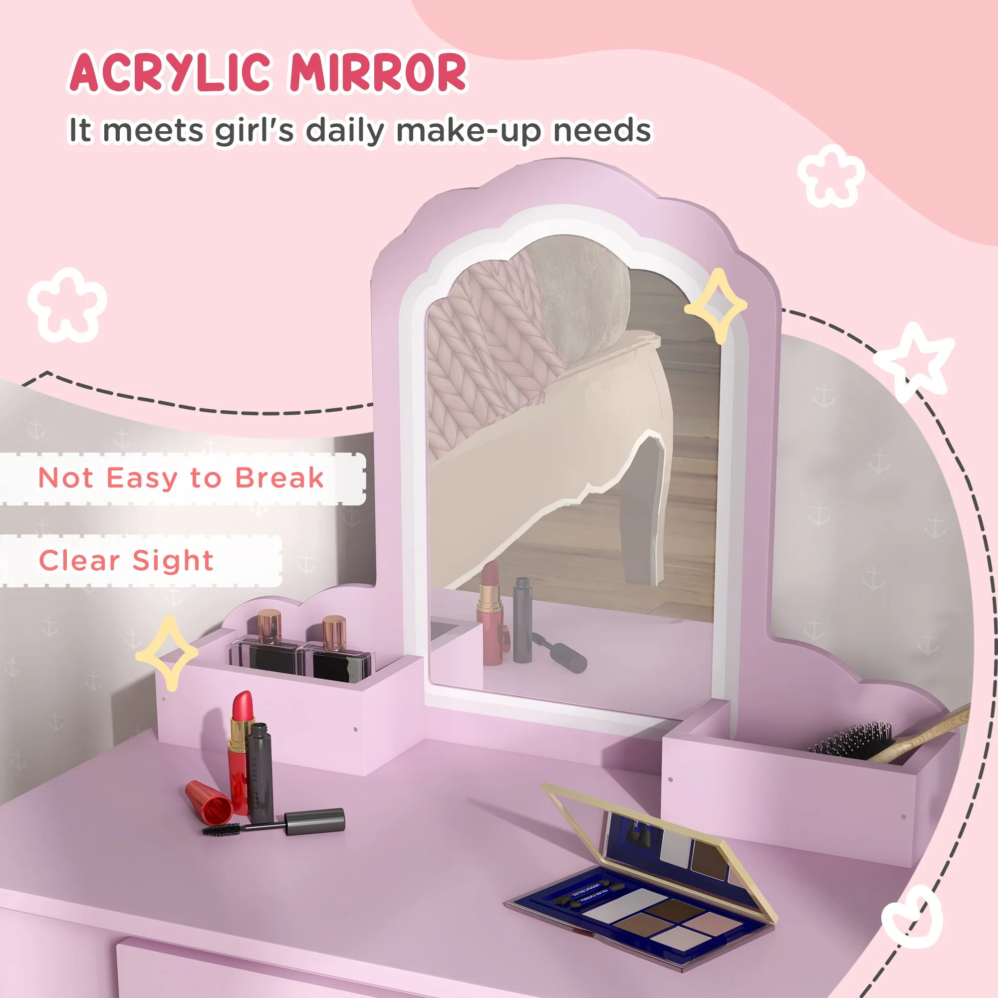 ZONEKIZ Kids Dressing Table, Cloud Design w/ Mirror, Stool, Drawer, Storage Box - Image 6