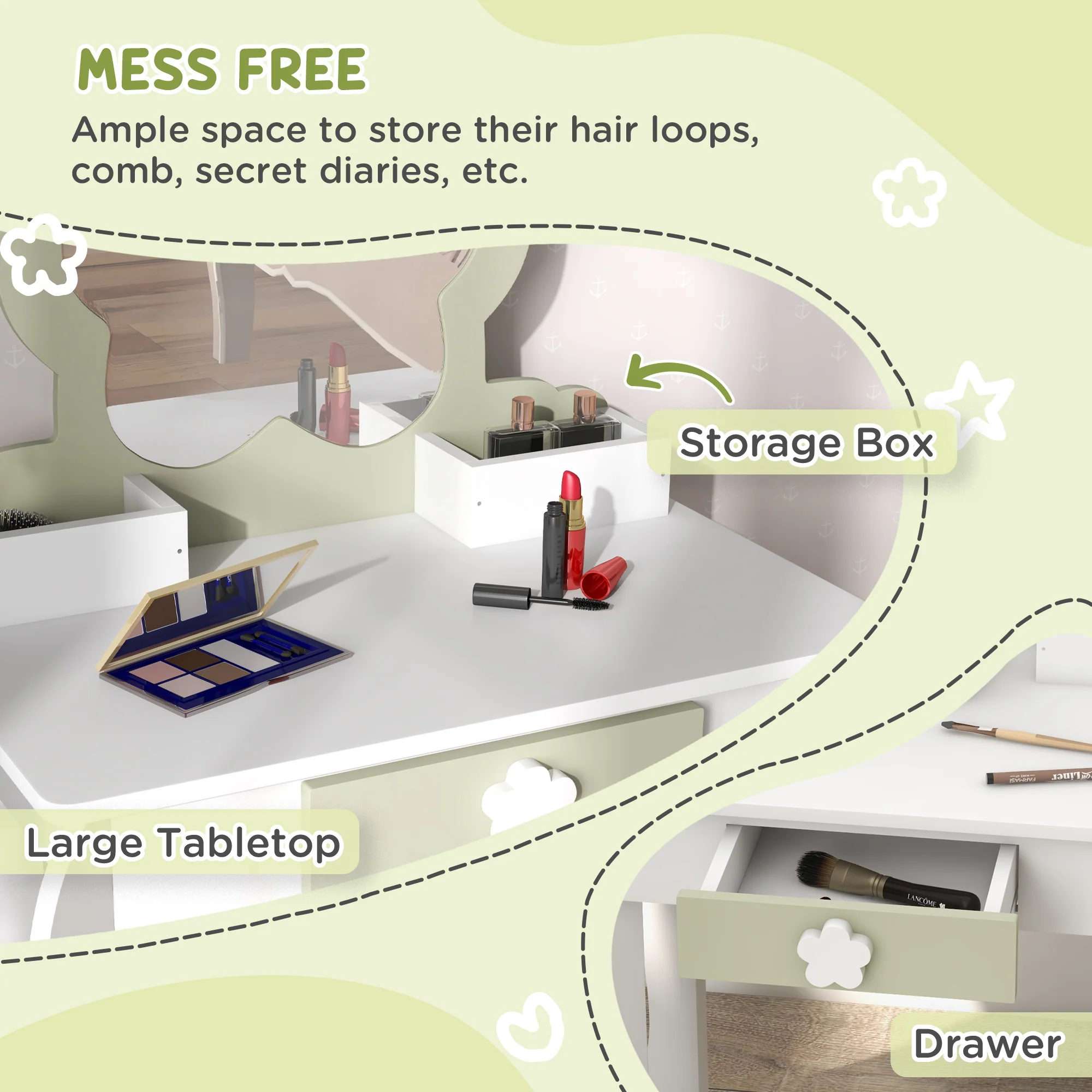 ZONEKIZ Kids Vanity Table Set, Beauty Flower Design, for Ages 3-6 Years - White - Image 4