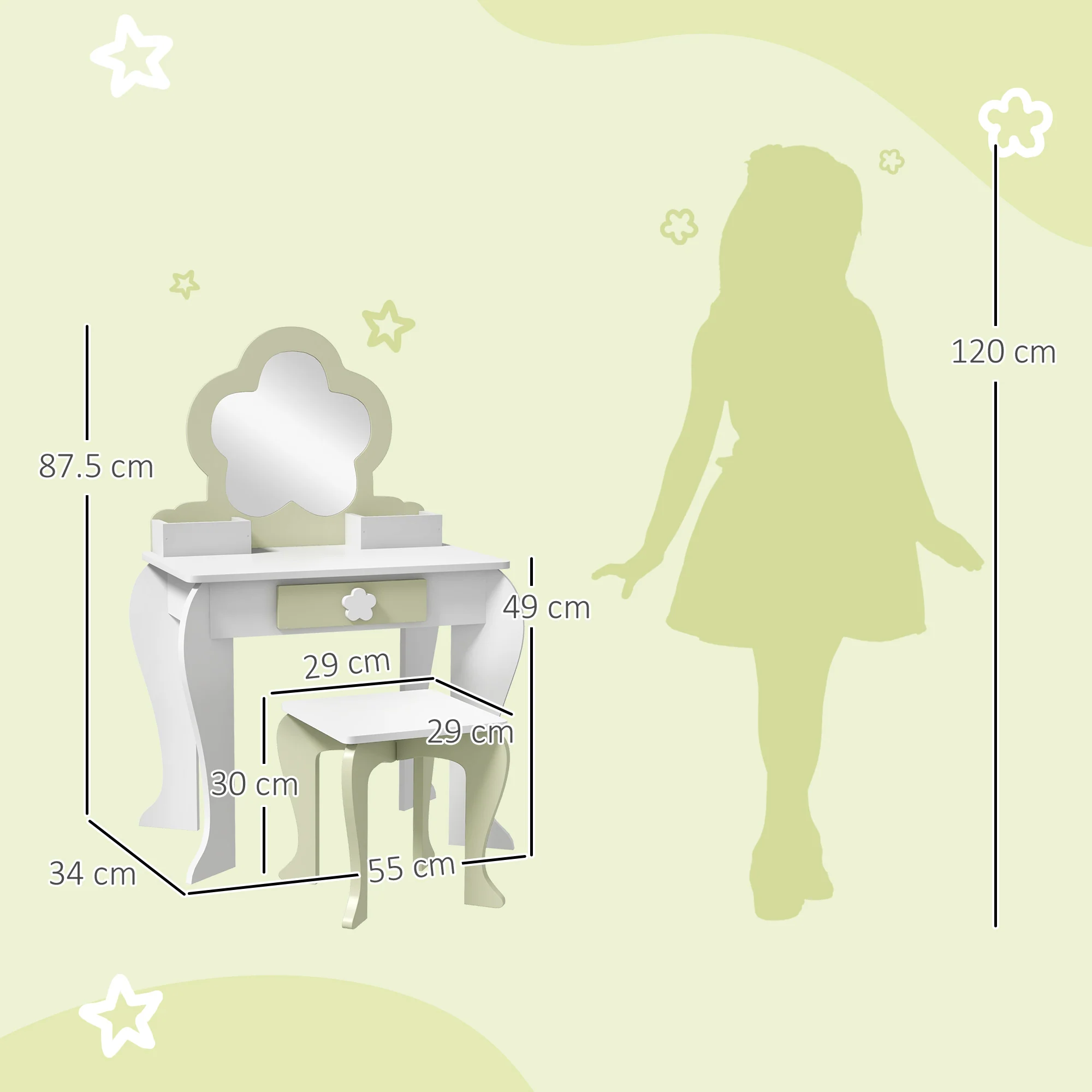 ZONEKIZ Kids Vanity Table Set, Beauty Flower Design, for Ages 3-6 Years - White - Image 5