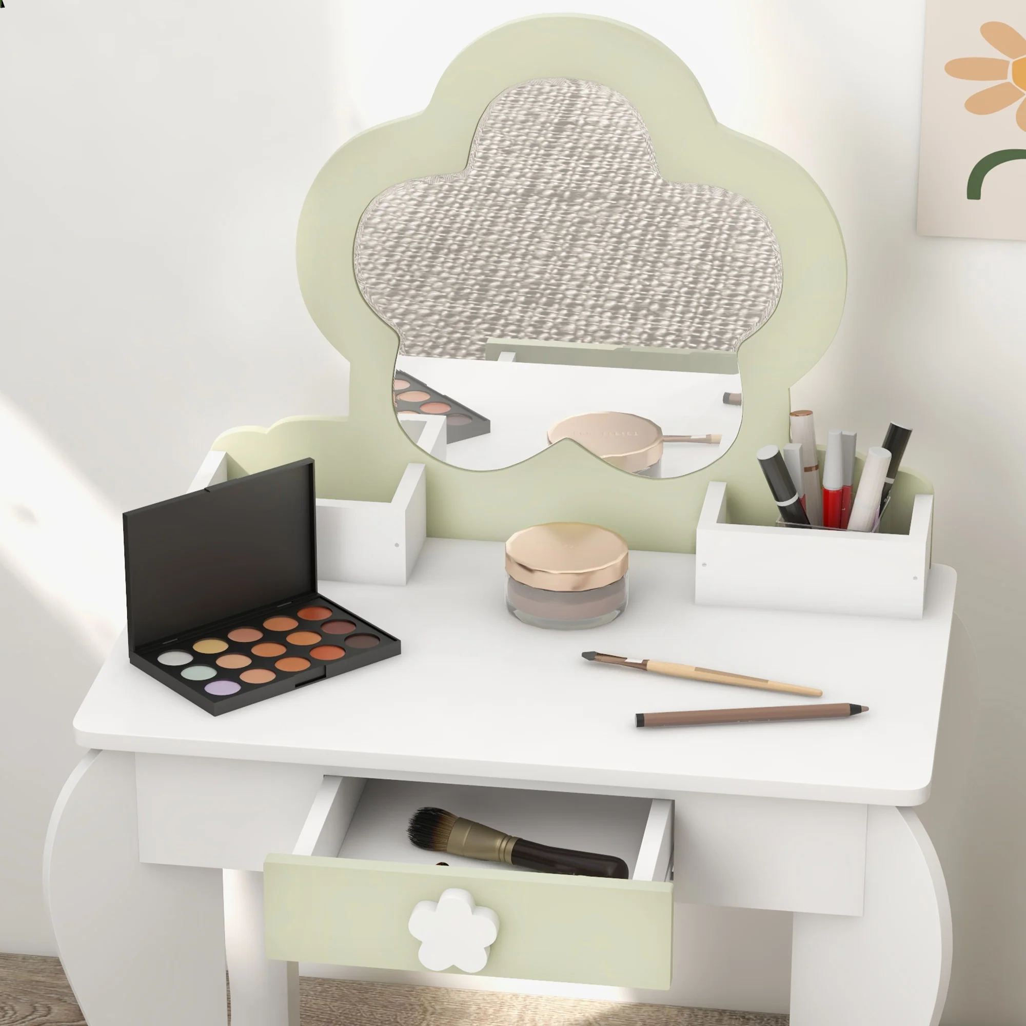 ZONEKIZ Kids Vanity Table Set, Beauty Flower Design, for Ages 3-6 Years - White - Image 7