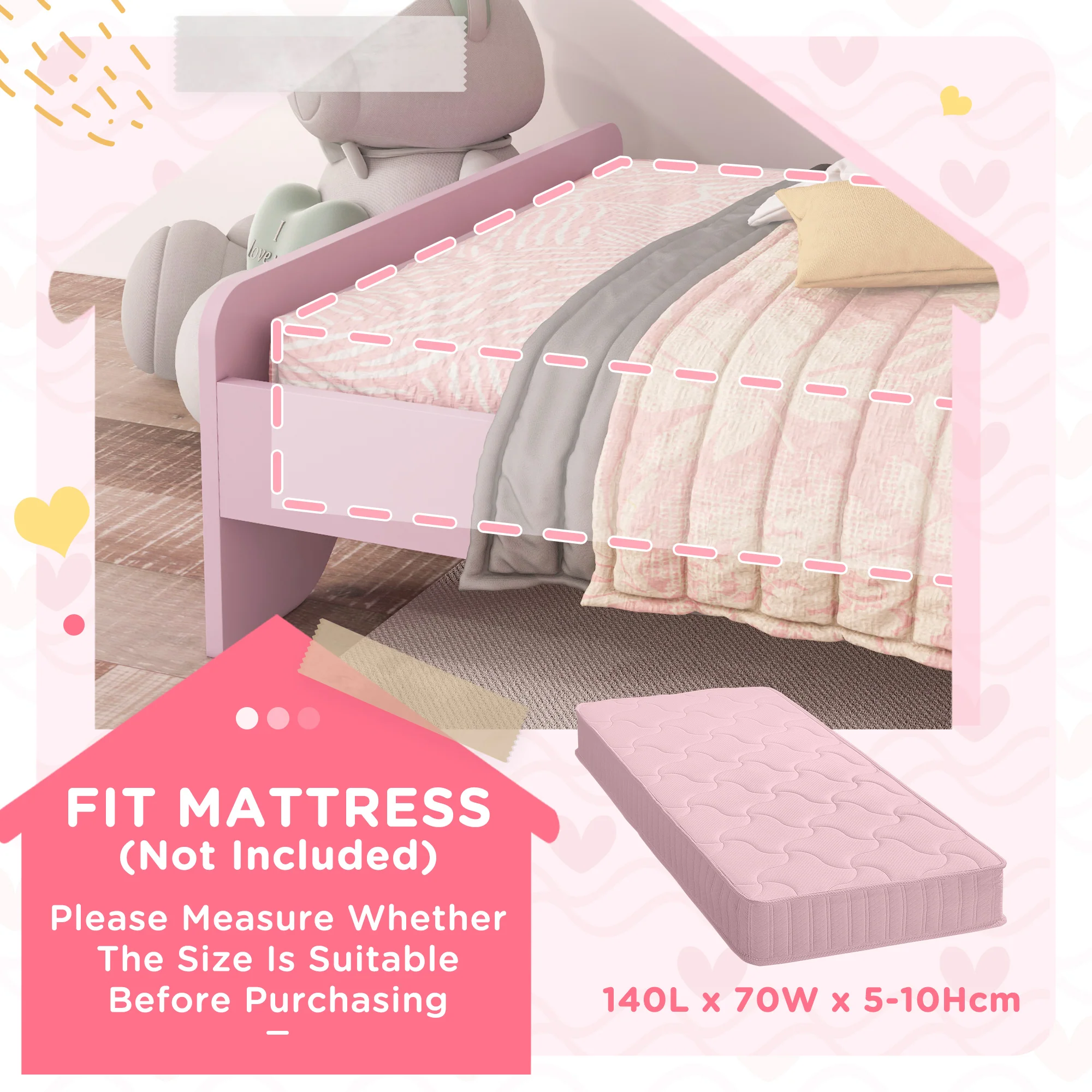 ZONEKIZ Toddler Bed Frame, Cloud-Designed Princess Bed, 143 x 74 x 55cm - Pink - Image 7